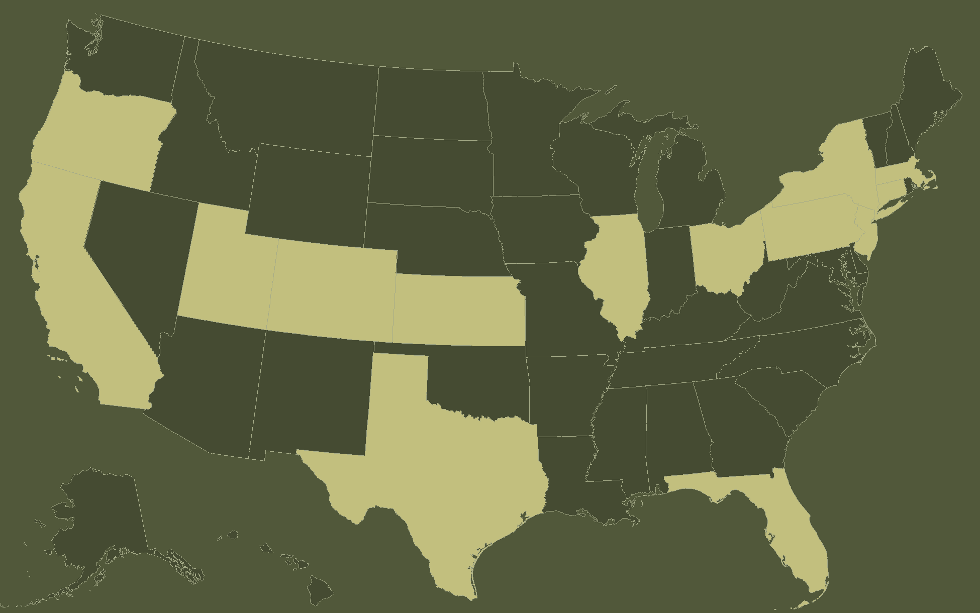 United States map highlighting CA, NY, NJ, TX, MA, CO, CT, FL, IL, OH, PA, KS, OR and UT, among the states supported by HR Strategy Labs.