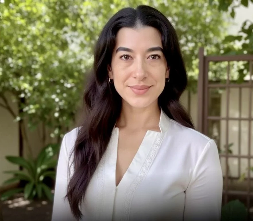 A woman with long dark hair, wearing a white blouse, smiling outdoors with trees and a wooden structure in the background.