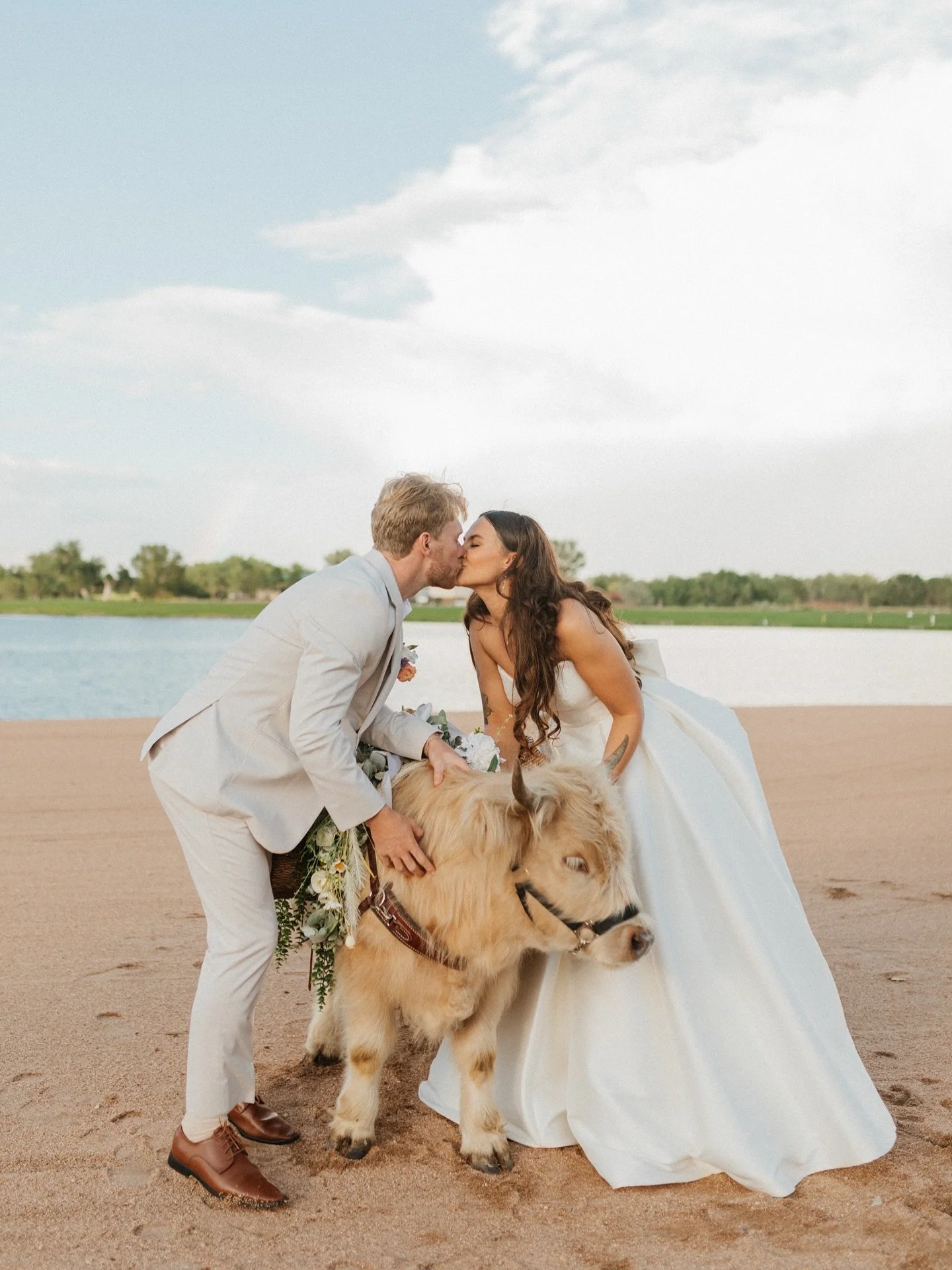 A bride and groom kissing while bending over a small pony on a sandy beach, with a lake and trees in the background.