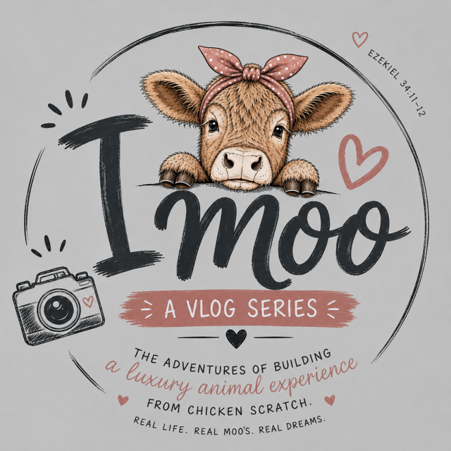 Illustration of a cow with a pink headband peeking over the text "I moo," promoting a vlog series about building a luxury animal experience, with a camera icon and hearts.