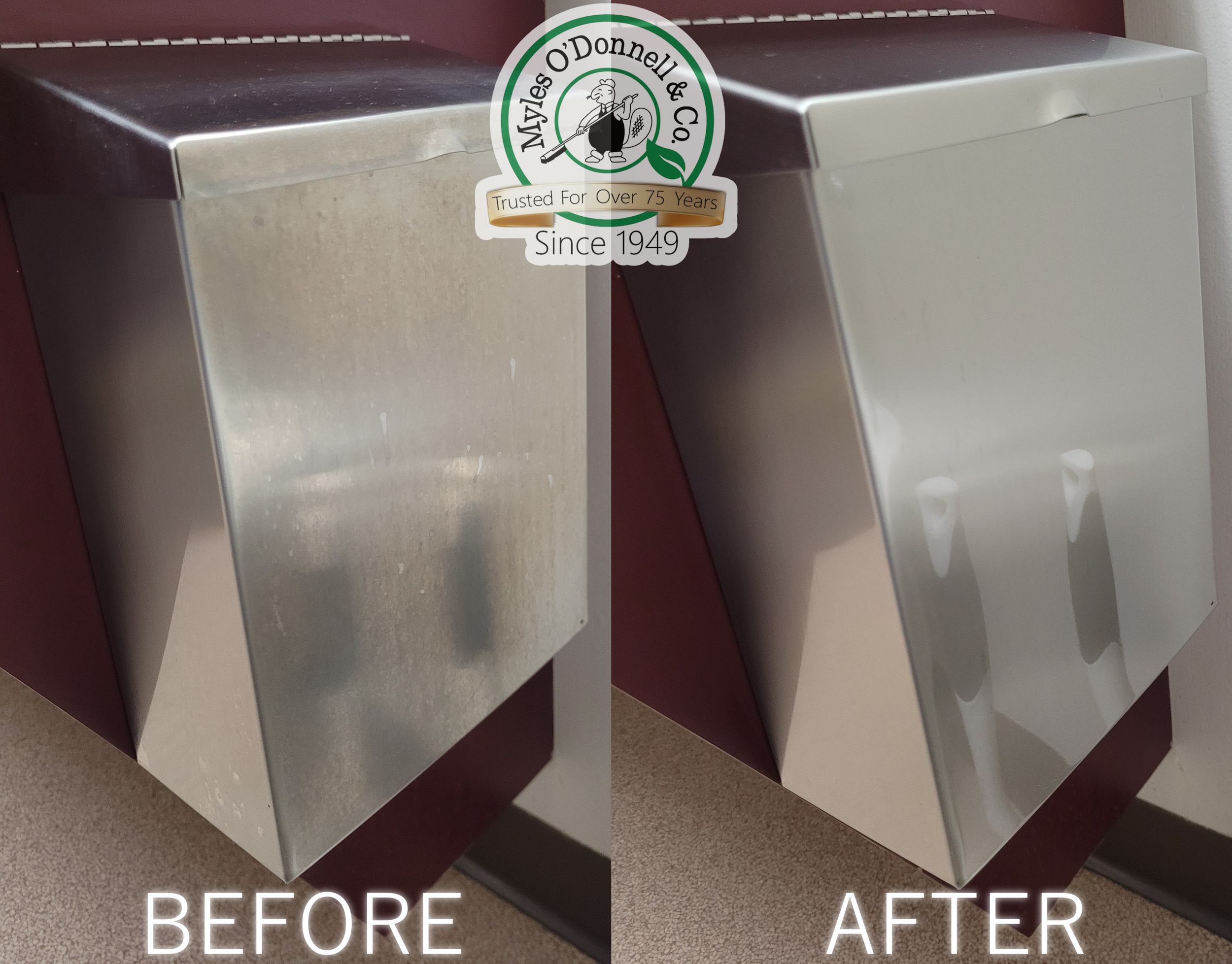 side by side before and after of a polished feminine waste receptacle