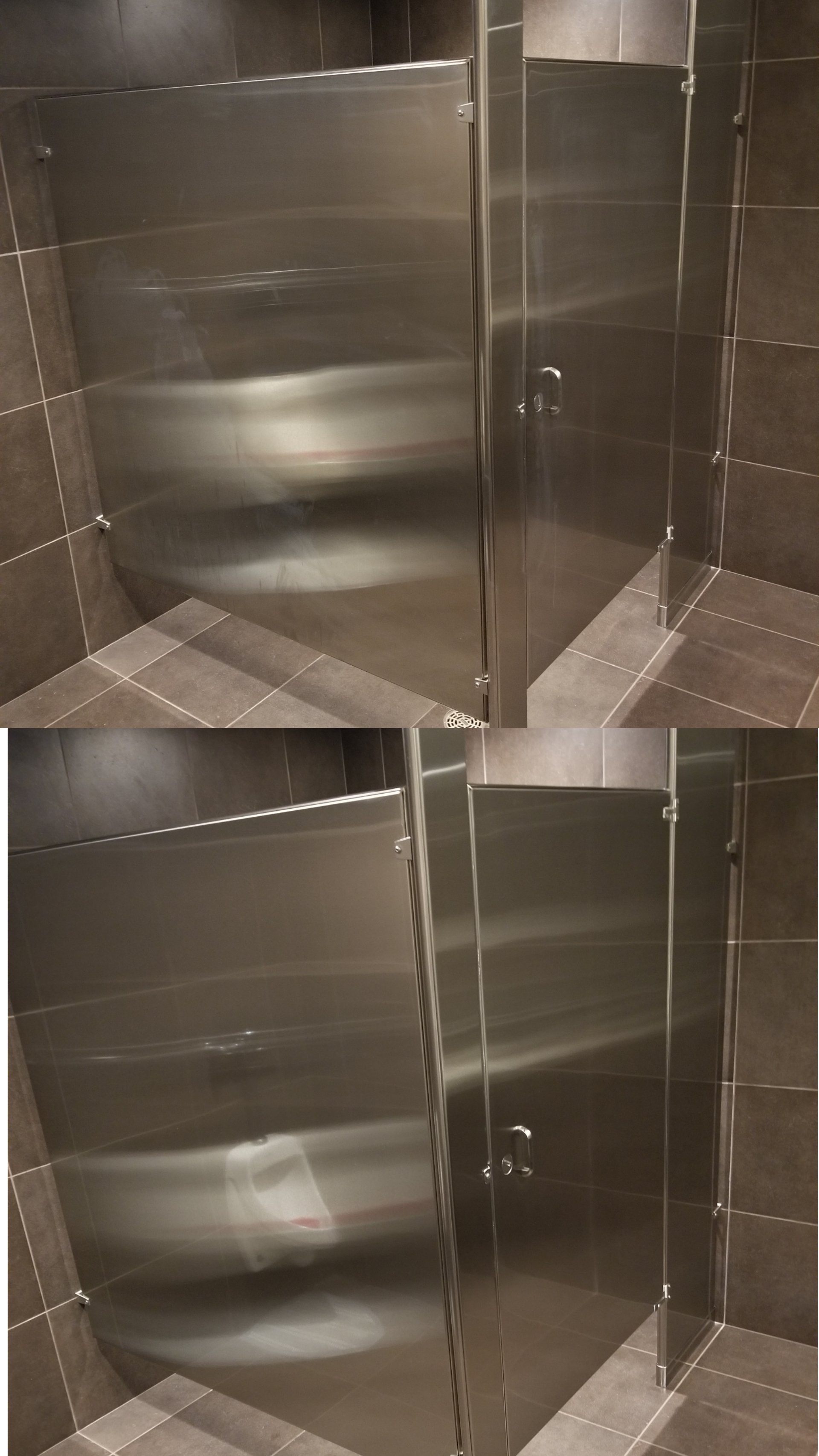Stainless steel bathroom walls before and after polishing