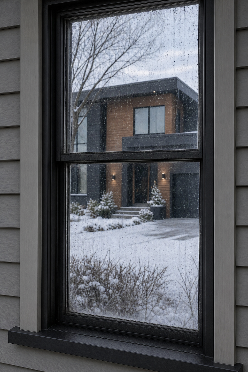 A dirty window in the middle of winter