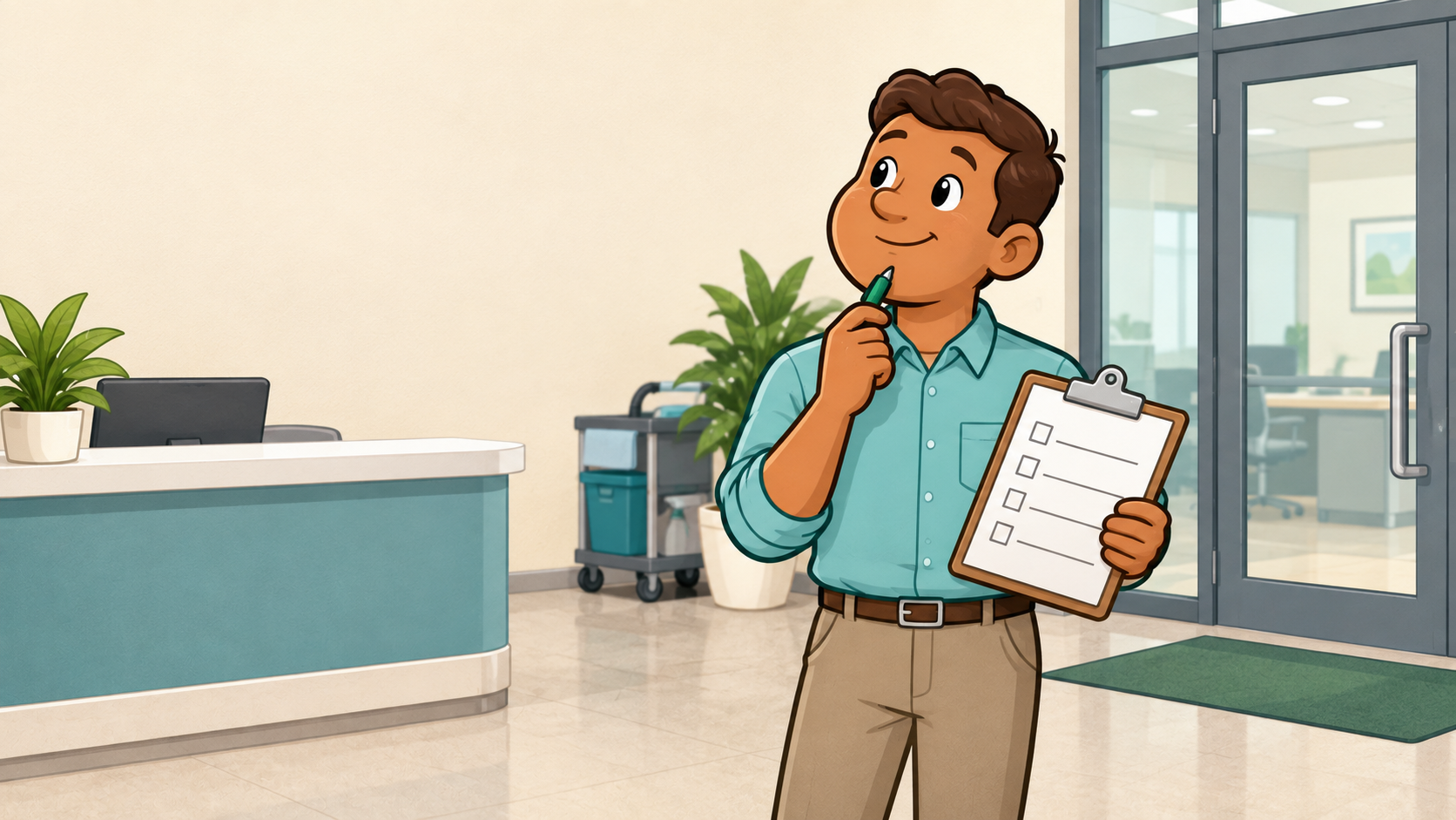 Cartoon facilities manager reviewing a cleaning-company checklist in an office lobby.