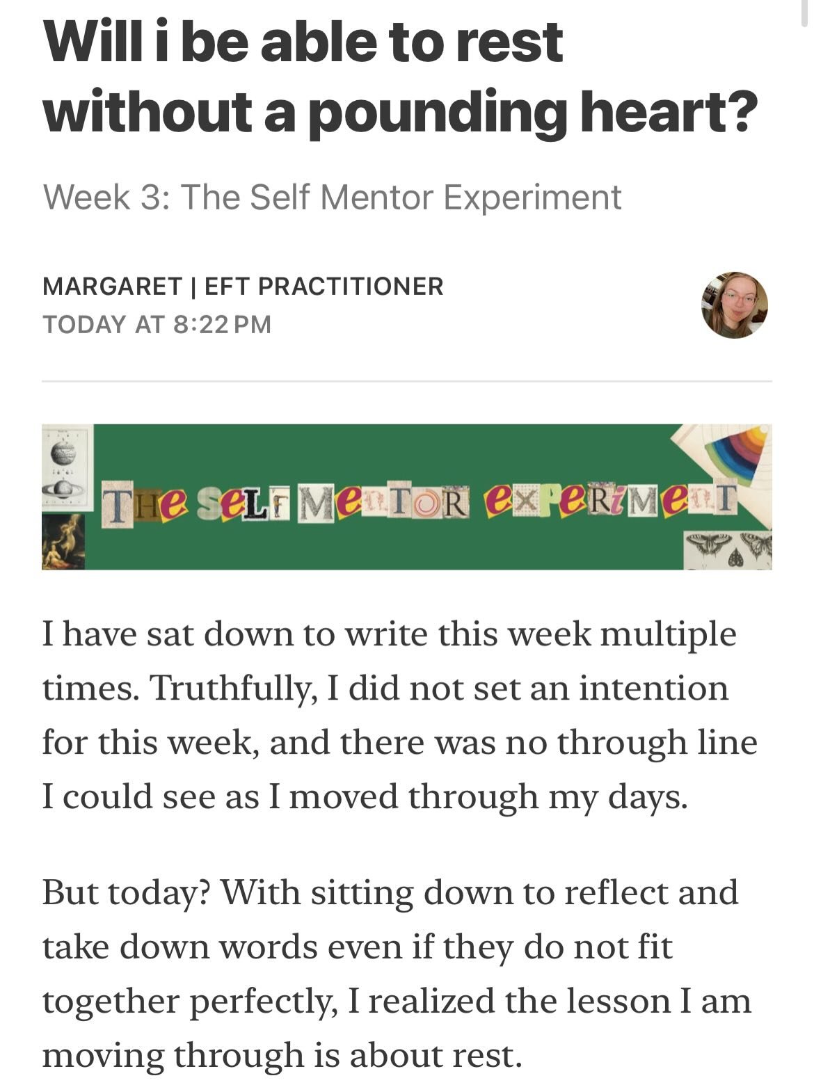 Thinking about rest this week because it&rsquo;s not just sleeping or taking time off work. Read the Self-Mentor Experiment on Substack 💙

#yearlongadventure #yearlongchallenge #efttapping #healing #selfreflection #personalessay