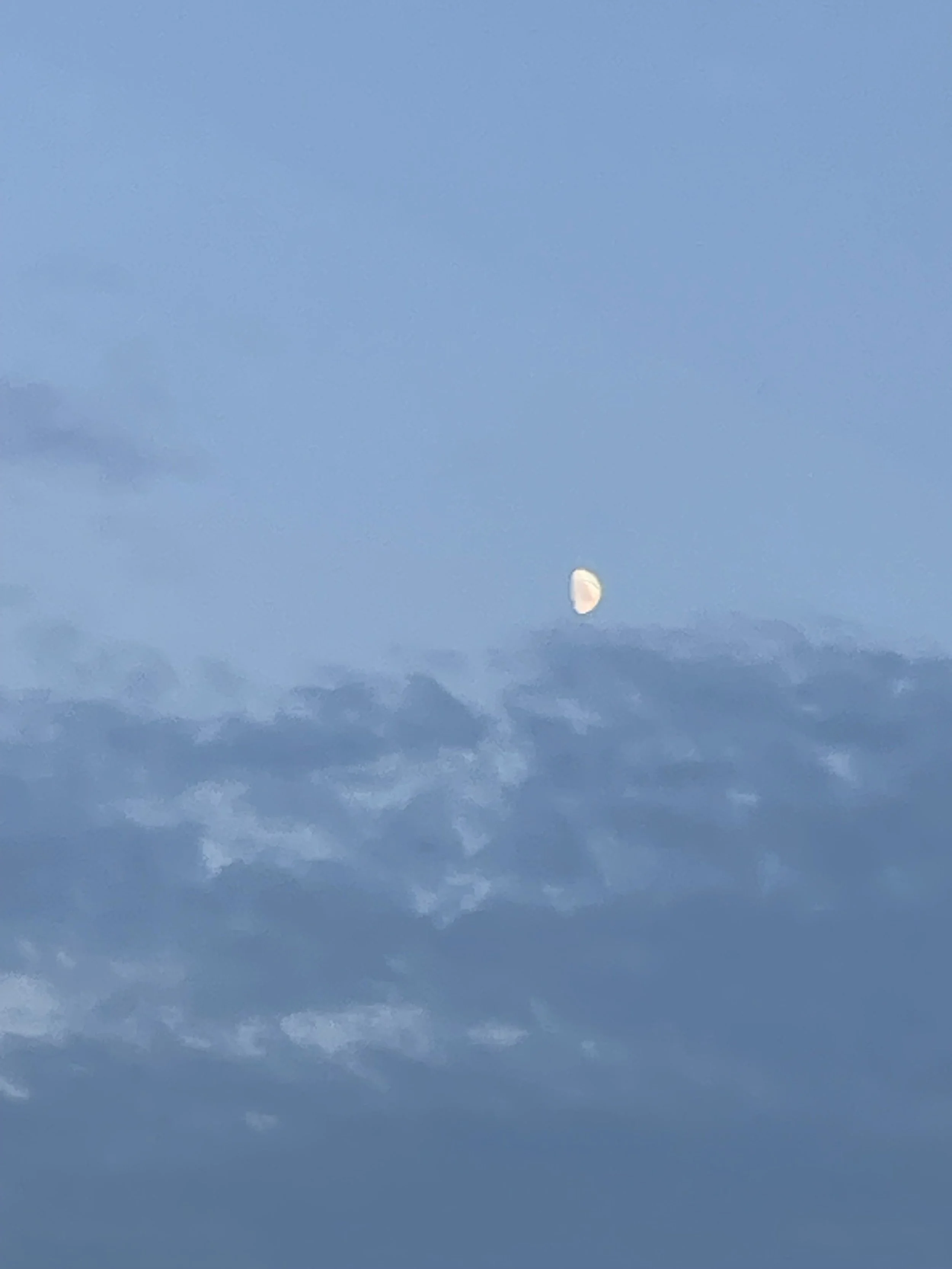 Light blue night sky with the moon half full and light clouds.