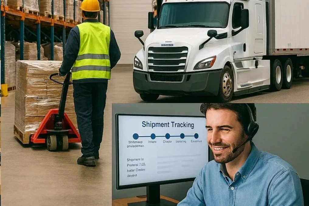 A warehouse worker wearing a yellow safety vest and helmet is using a hand pallet truck to move a large pallet of boxed goods. Nearby, a white semi-truck is parked in the warehouse.