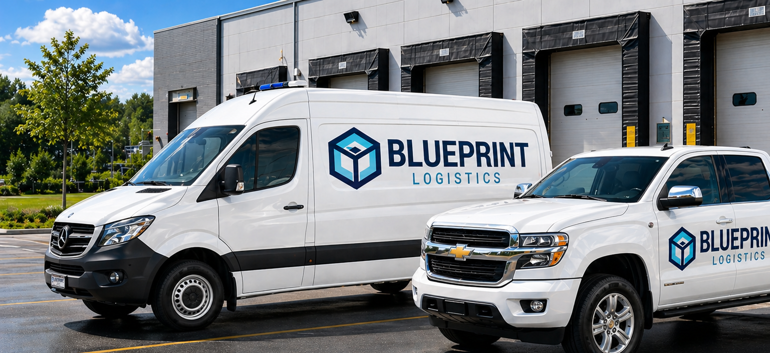 Two Blueprint Logistics company vehicles, a Mercedes-Benz van and a Chevrolet pickup truck, parked in front of a warehouse on a sunny day.