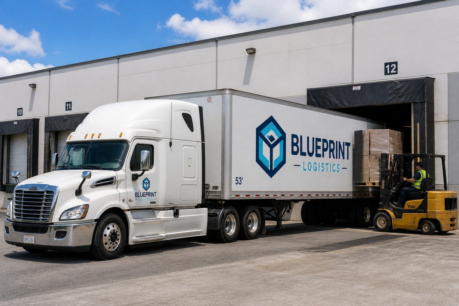 A white logistics truck with the 'Blueprint Logistics' logo on the side, being loaded with boxes by a forklift operator outside a warehouse