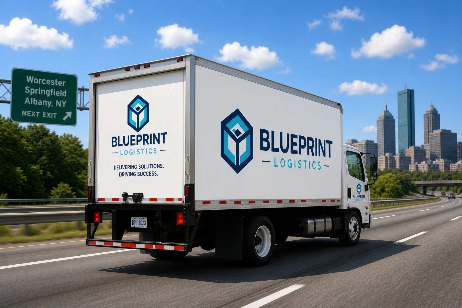 A white delivery truck with Blueprint Logistics logo driving on a highway with a city skyline in the background and a green directional sign pointing to Worcester, Springfield, Albany, NY.