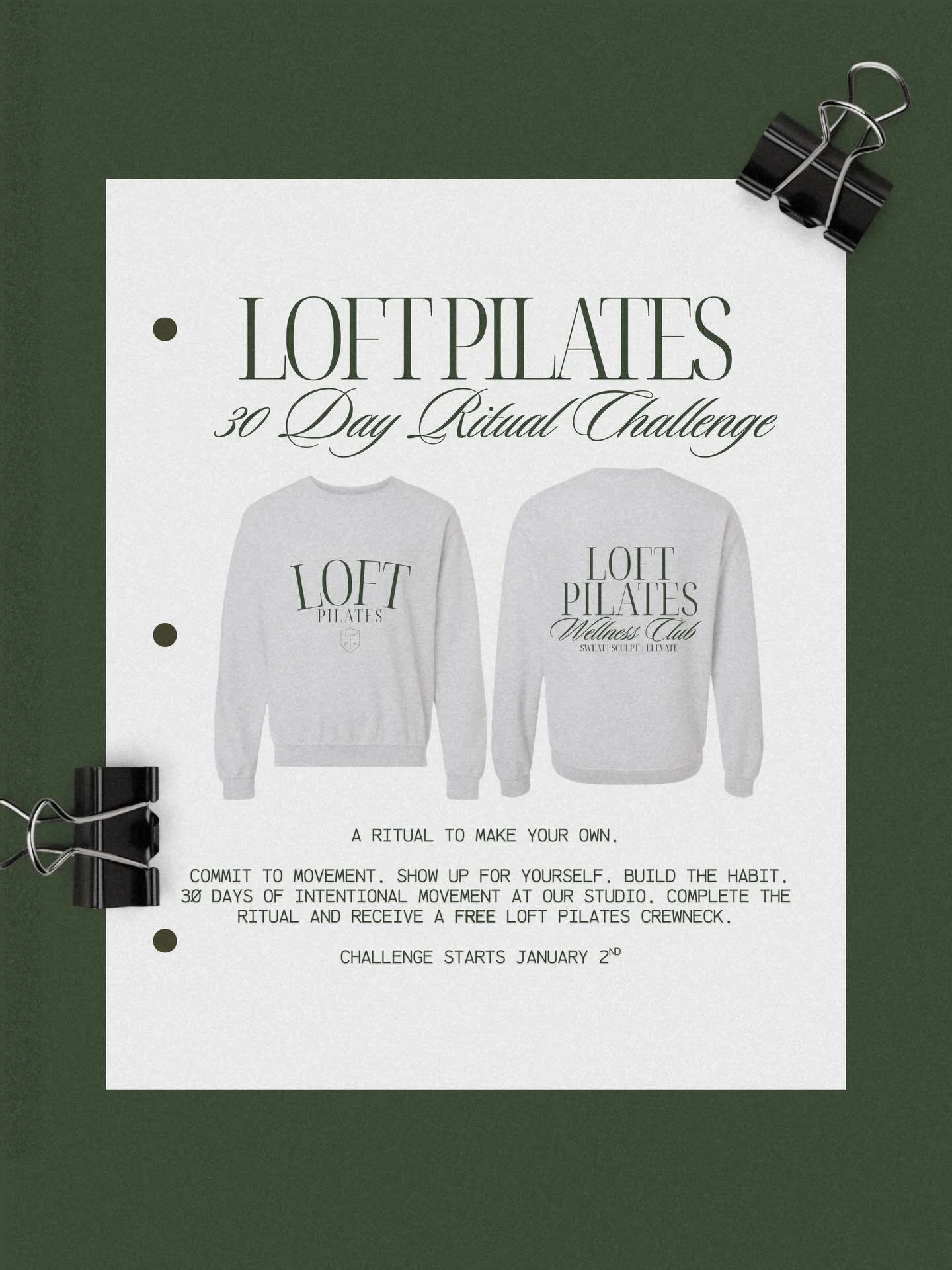 ✨ THE 30-DAY RITUAL CHALLENGE DEETS ✨

Commit to 20 classes in 30 days and move with intention through the start of the year.

The 30-Day Ritual offers unlimited Hot Mat, Unlimited Reformer or Unlimited VIP Pilates with no contract, valid January 2&n