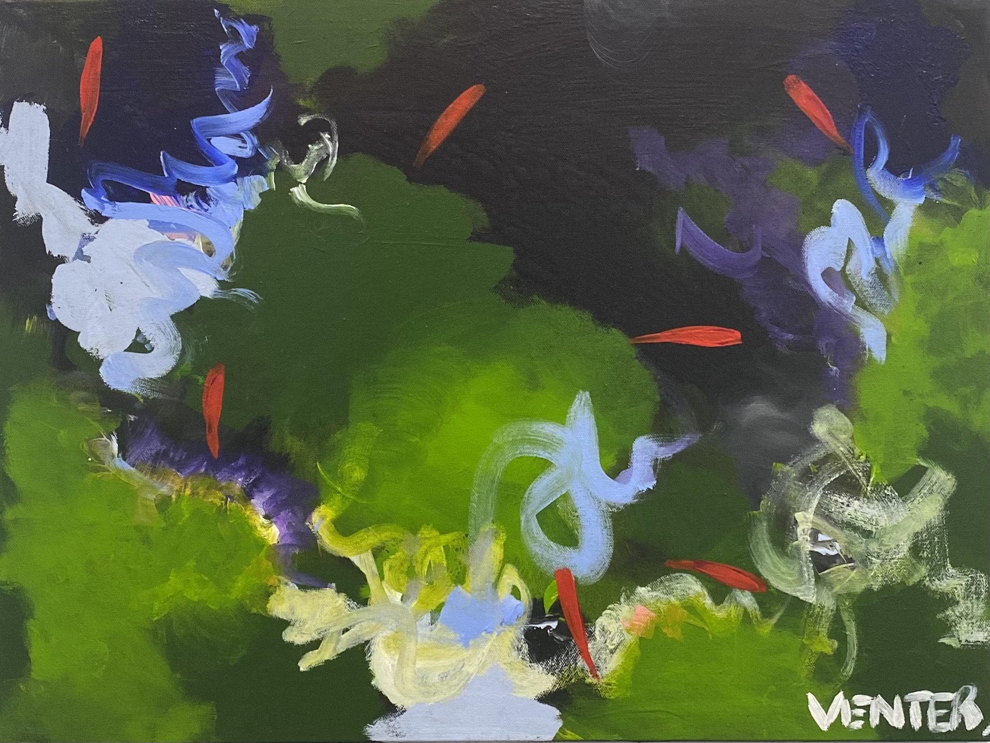 Title: “Echoes of Shadow”
A smaller abstract interplay of light and foliage, evoking a sense of underwater serenity. The combination of 7 goldfish, particularly with the balance of gold/red and black fish, invites positive energy, promotes financia