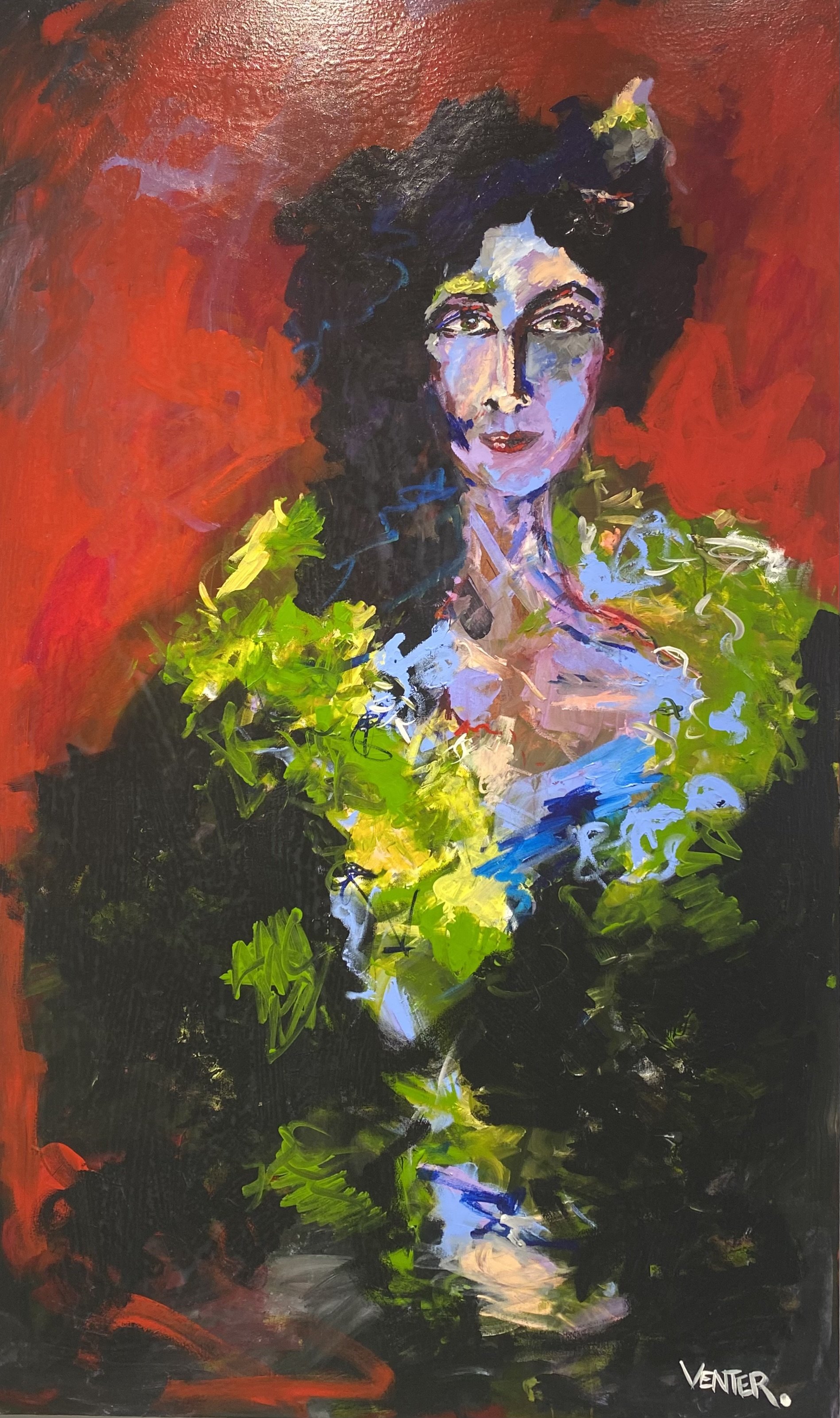 SOLD
Title: “The Garden Muse”
A captivating portrait of a 1900s woman cloaked in lush green, as if born from the garden, surrounded by foliage and feathers. Reflections of trees and the night sky dance across her face, symbolizing her inner streng