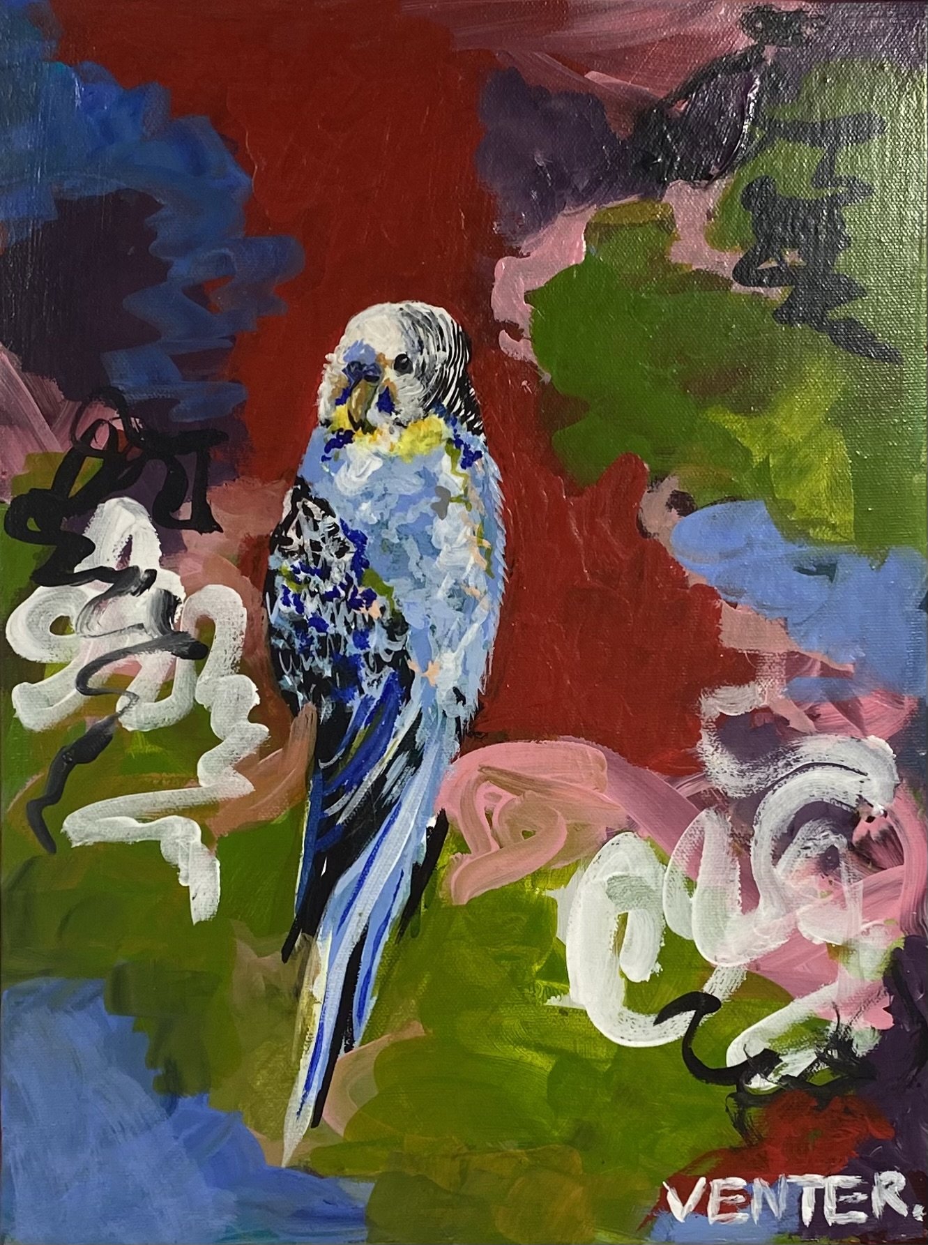 Title: “Whispered Perch”
A joyful budgie resting amongst the trees. A painting of a budgie brings good luck to the home, symbolising happiness, communication, and harmony, while inviting vibrant energy and fostering a sense of joy and positivity in