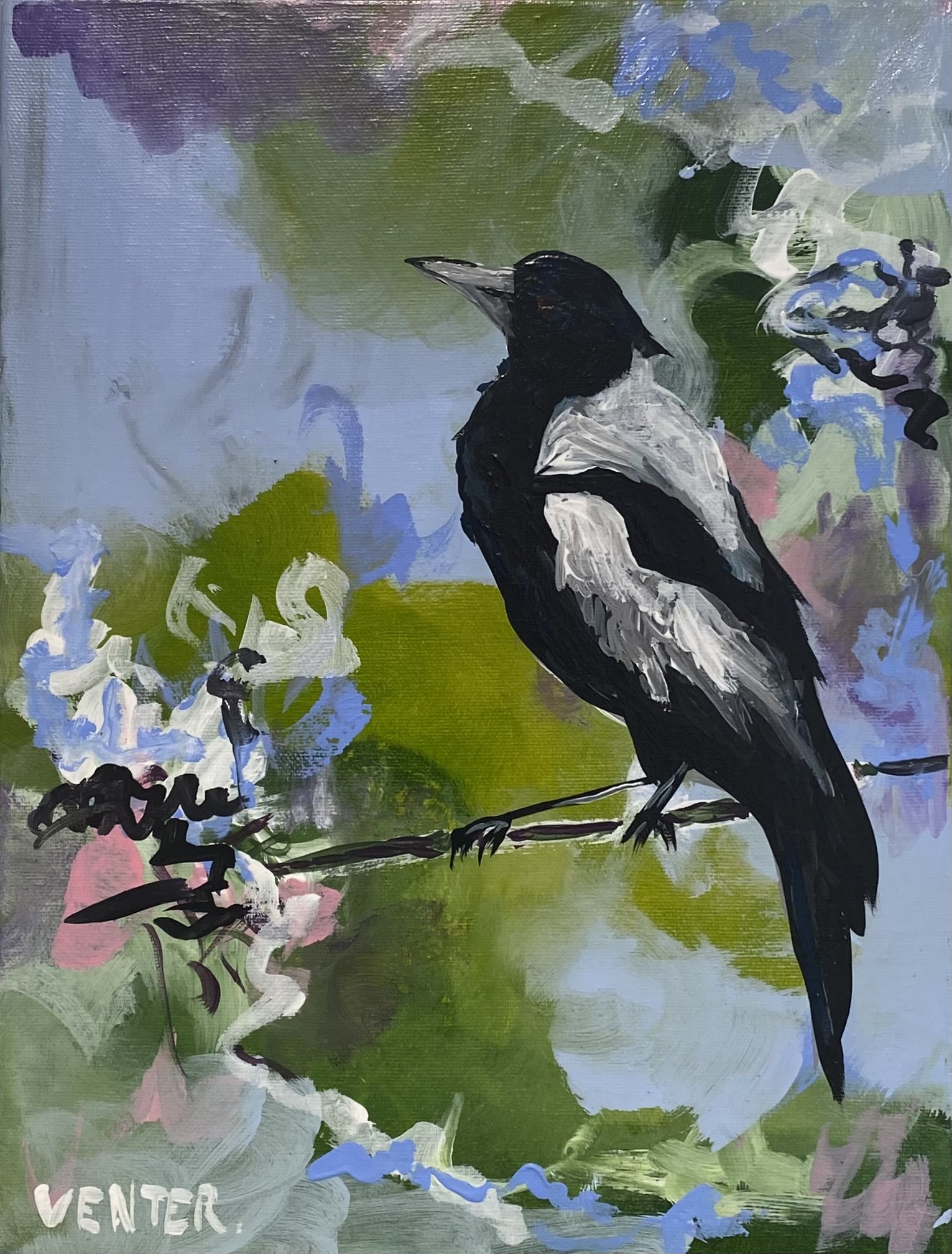 Title: “Melody of the Garden”
A Magpie perched amidst vibrant blooms, capturing the essence of song and nature. In the home, a magpie symbolises protection, adaptability, and curiosity, reflecting a balance of resourcefulness and good fortune while