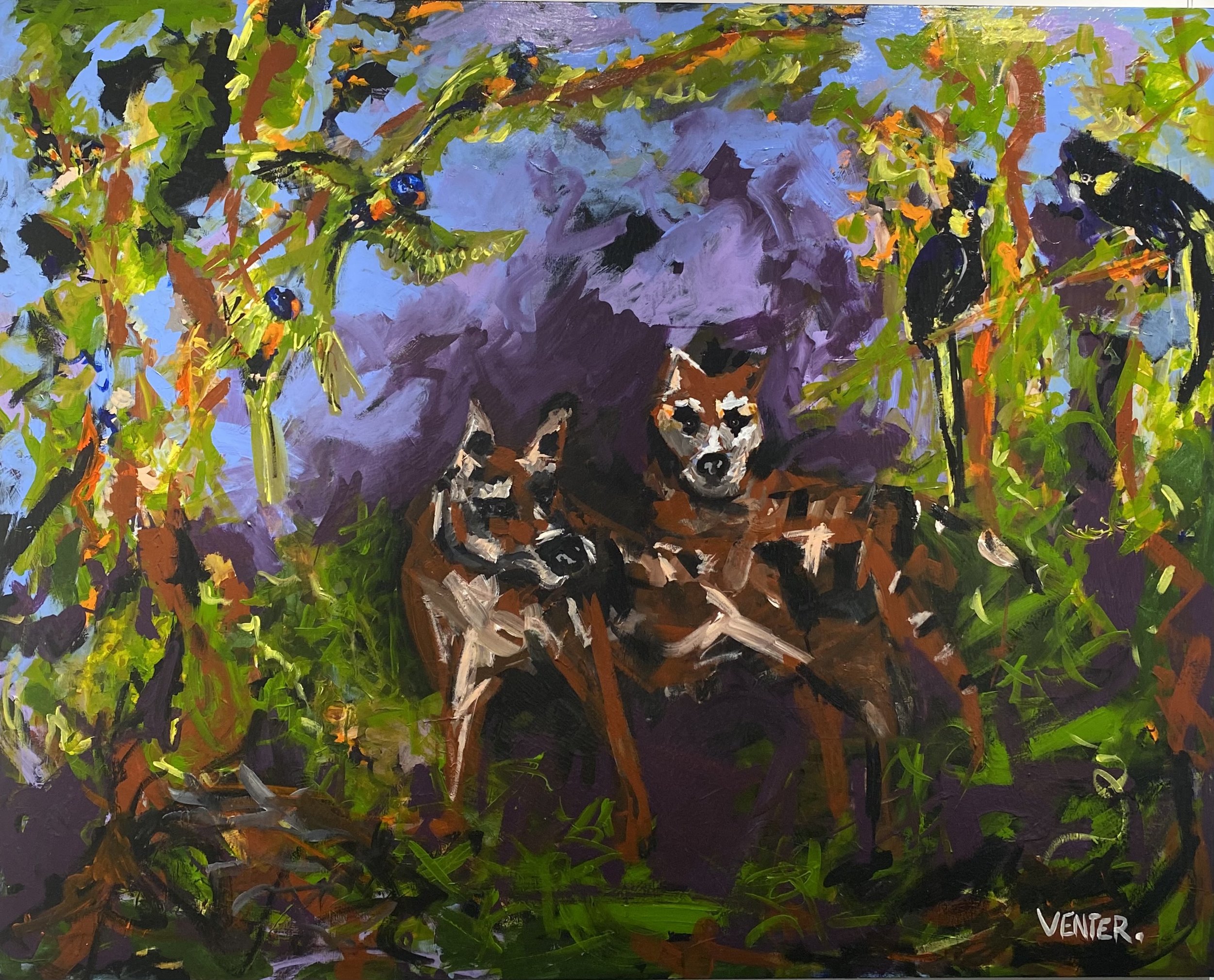 SOLD
Title: “Shadows of Kinship”
This artwork brings the spirit of the wild into your home, with the Tasmanian tigers symbolising a deep connection to the spiritual and natural worlds, black cockatoos representing transformation, wisdom, and renew