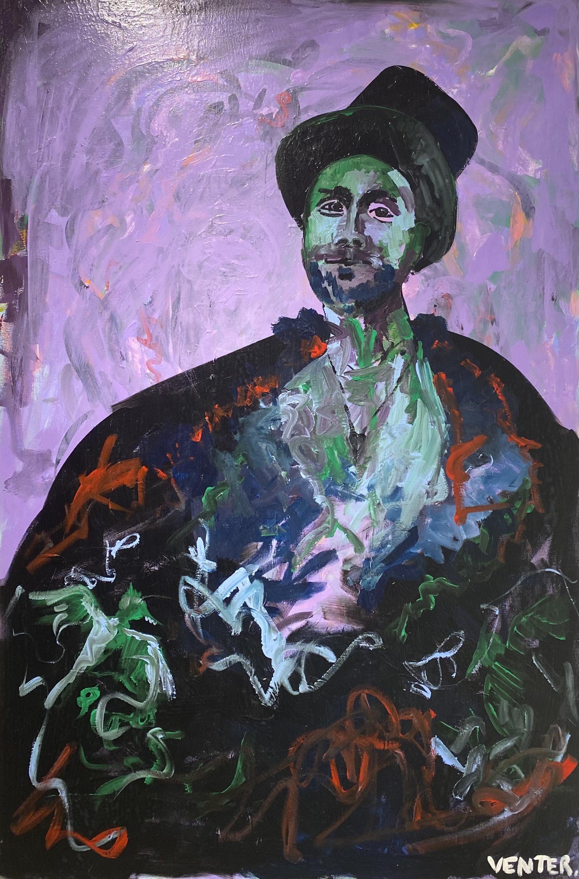 SOLD
Title: “Keeper of Shadow Spirits”
A 1900s-style portrait of a man embodying the calm and serenity of the night in a garden. With bold, expressive brushstrokes, his presence exudes a quiet power, his cloak adorned with symbolic patterns repres