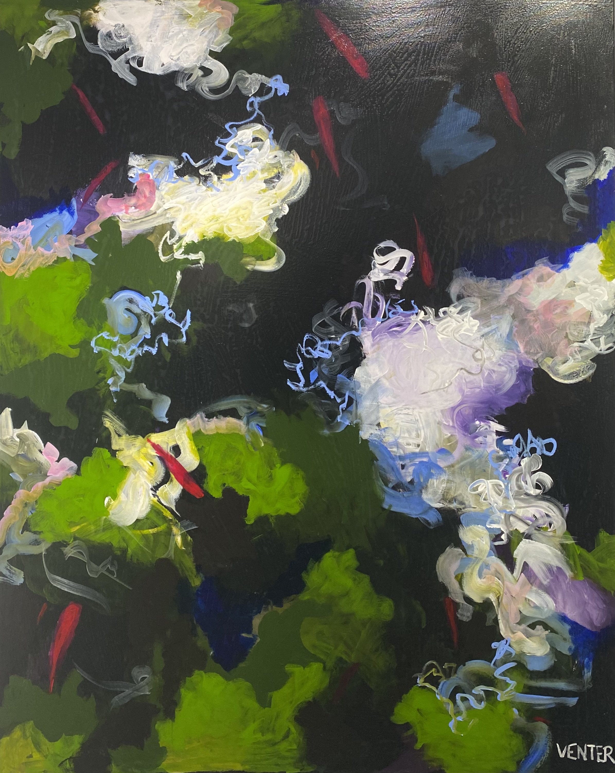 SOLD
Title: “Serene Reflections”
An abstract interplay of light and foliage, evoking a sense of underwater serenity. The combination of 7 goldfish, particularly with the balance of gold/red and black fish, invites positive energy, promotes financi