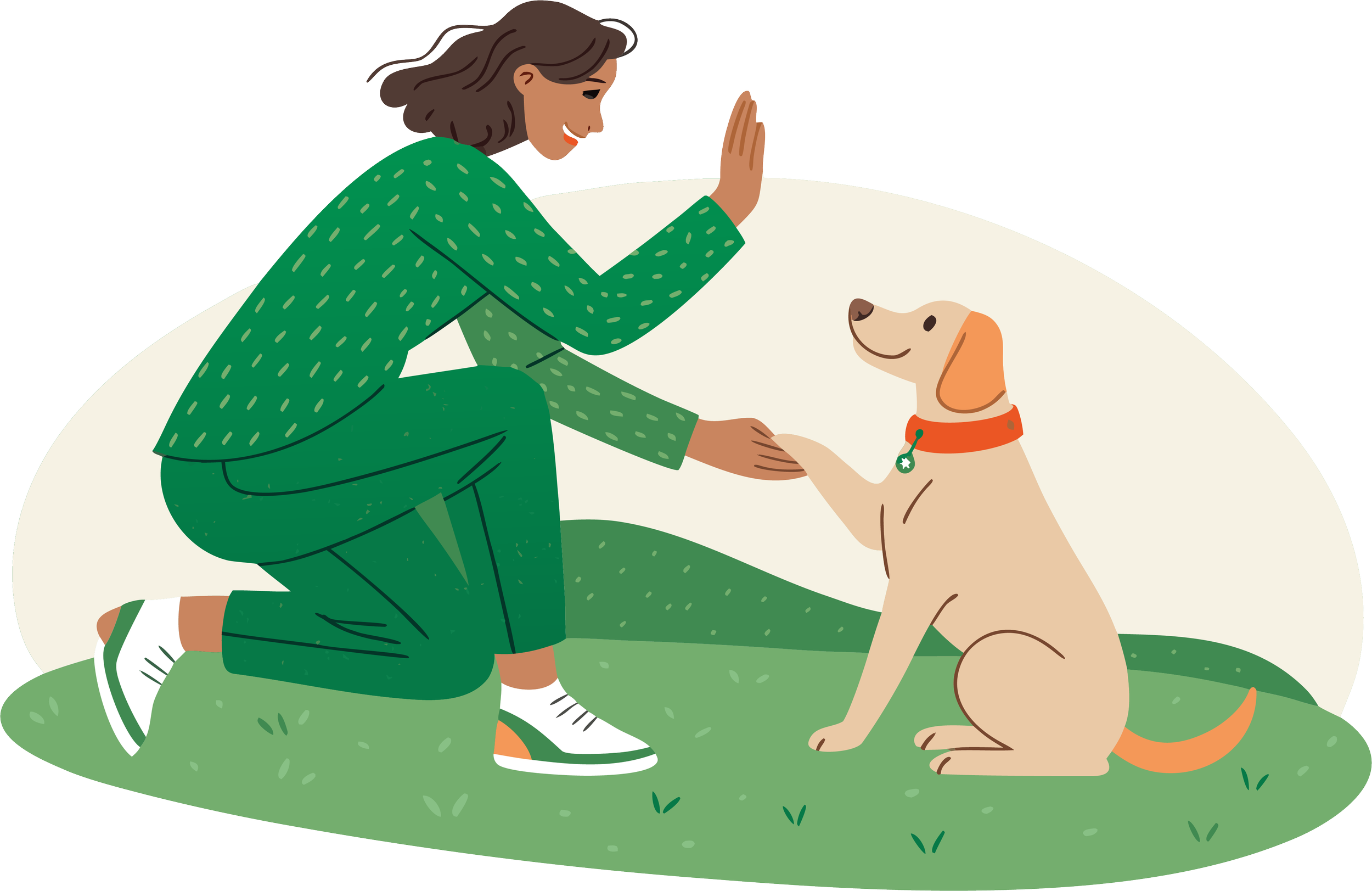 A woman with short brown hair, wearing a green patterned outfit and sneakers, kneeling on the grass and giving a high-five to a yellow retriever dog with a red collar and a green tag, in a grassy area.