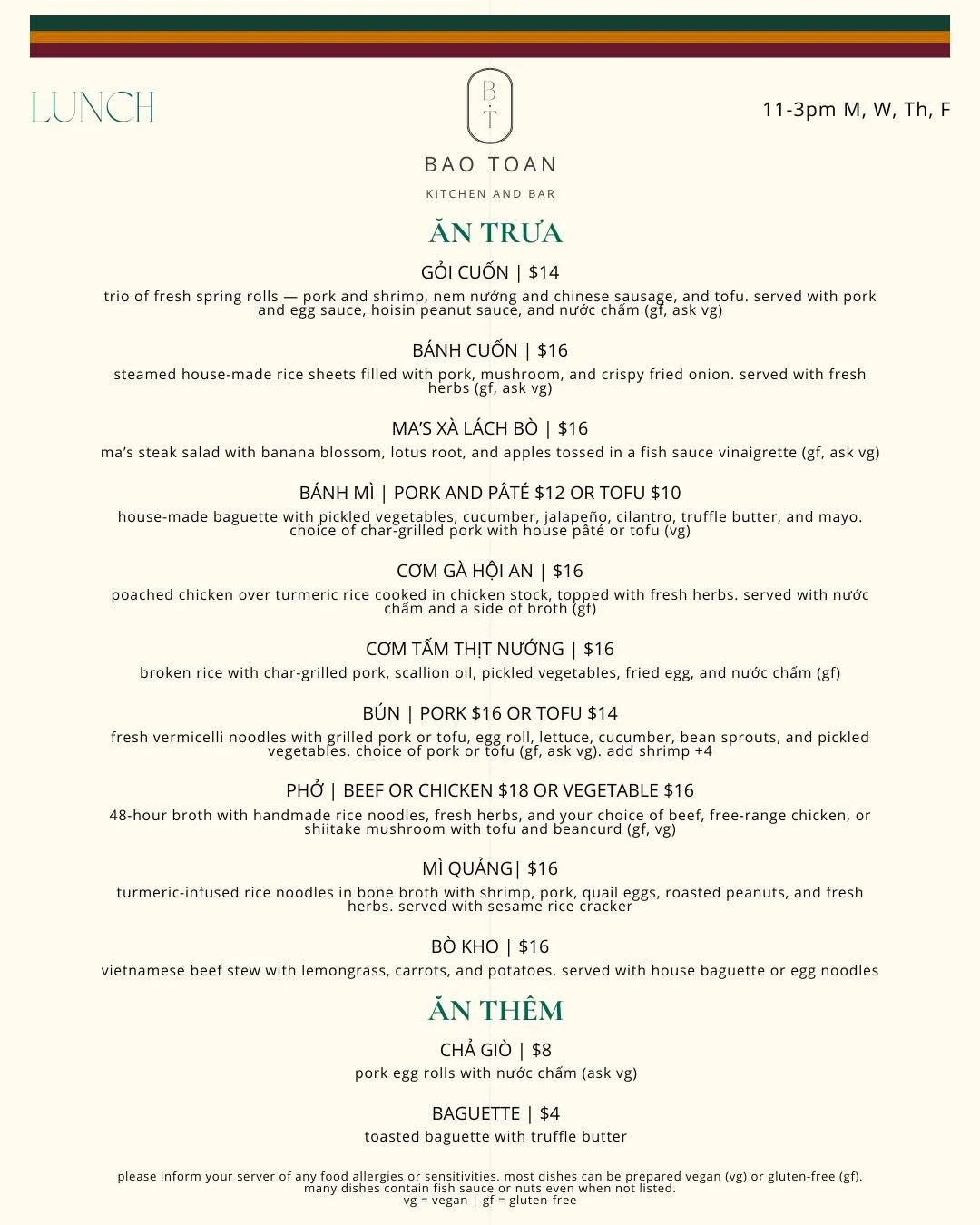 introducing lunch at bao toan β¨
lighter bites. bold flavors. a celebration of vietnamese comfort.
our first lunch service begins this wednesday, 10.8 — we can’t wait to share it with you β€οΈ
#baotoankitchen #memphiseats #901food #crosstow