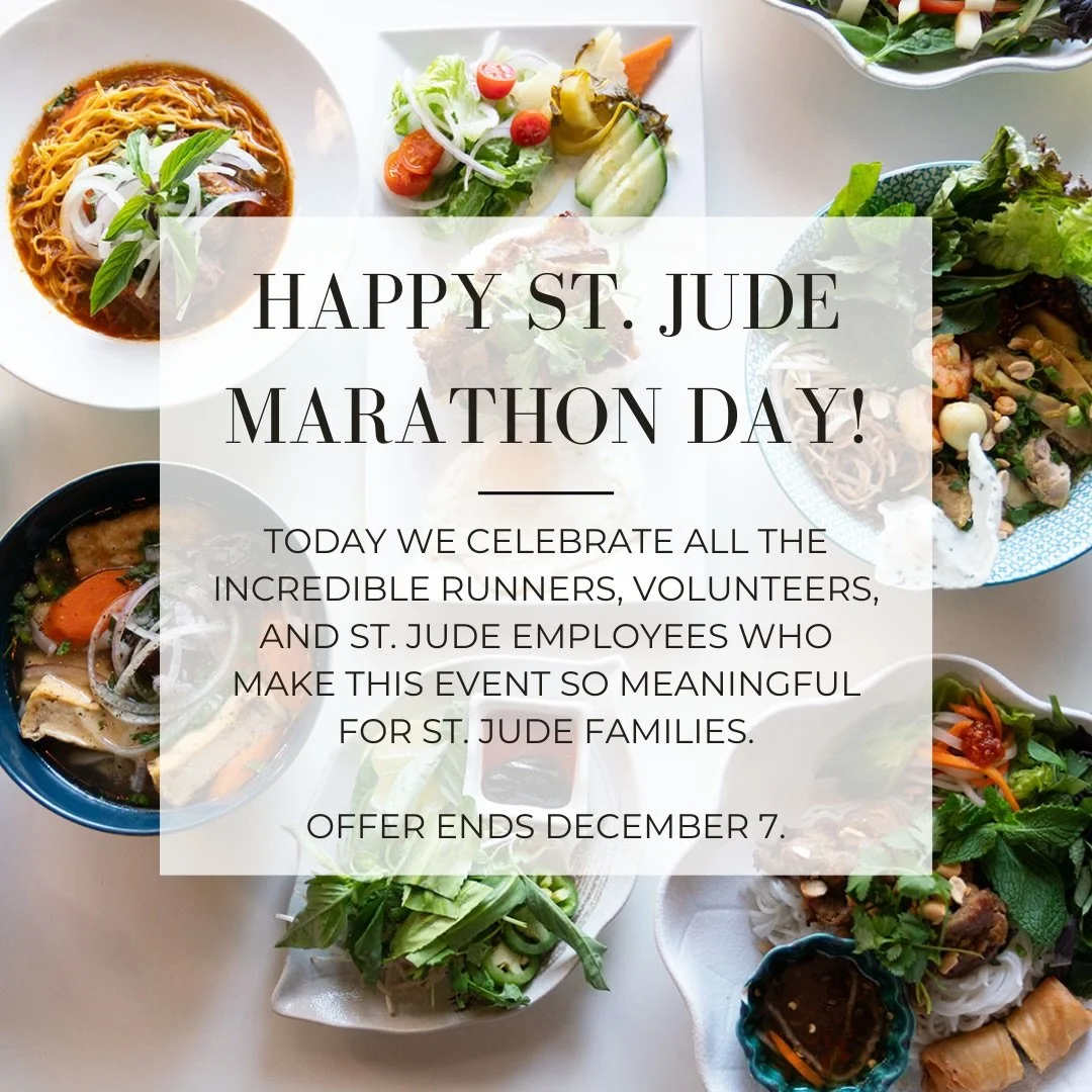 Bring in your race bib, volunteer badge, or St. Jude ID to receive 15% off your meal.
Thank you for everything you do. 💛

Offer ends December 7.