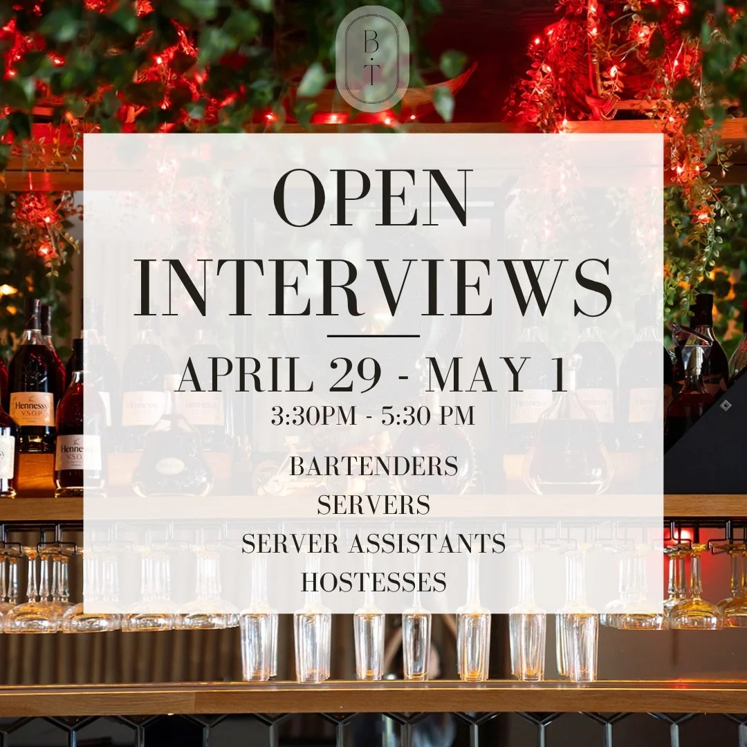 ✨OPEN INTERVIEWS ✨

We&rsquo;re growing our team and would love to meet you.
Join us Wednesday&ndash;Friday for open interviews.

📅 April 29 &ndash; May 1
⏰ 3:30PM &ndash; 5:30PM
📍 Bao Toan Kitchen &amp; Bar

Now hiring:
Bartenders &bull; Servers &