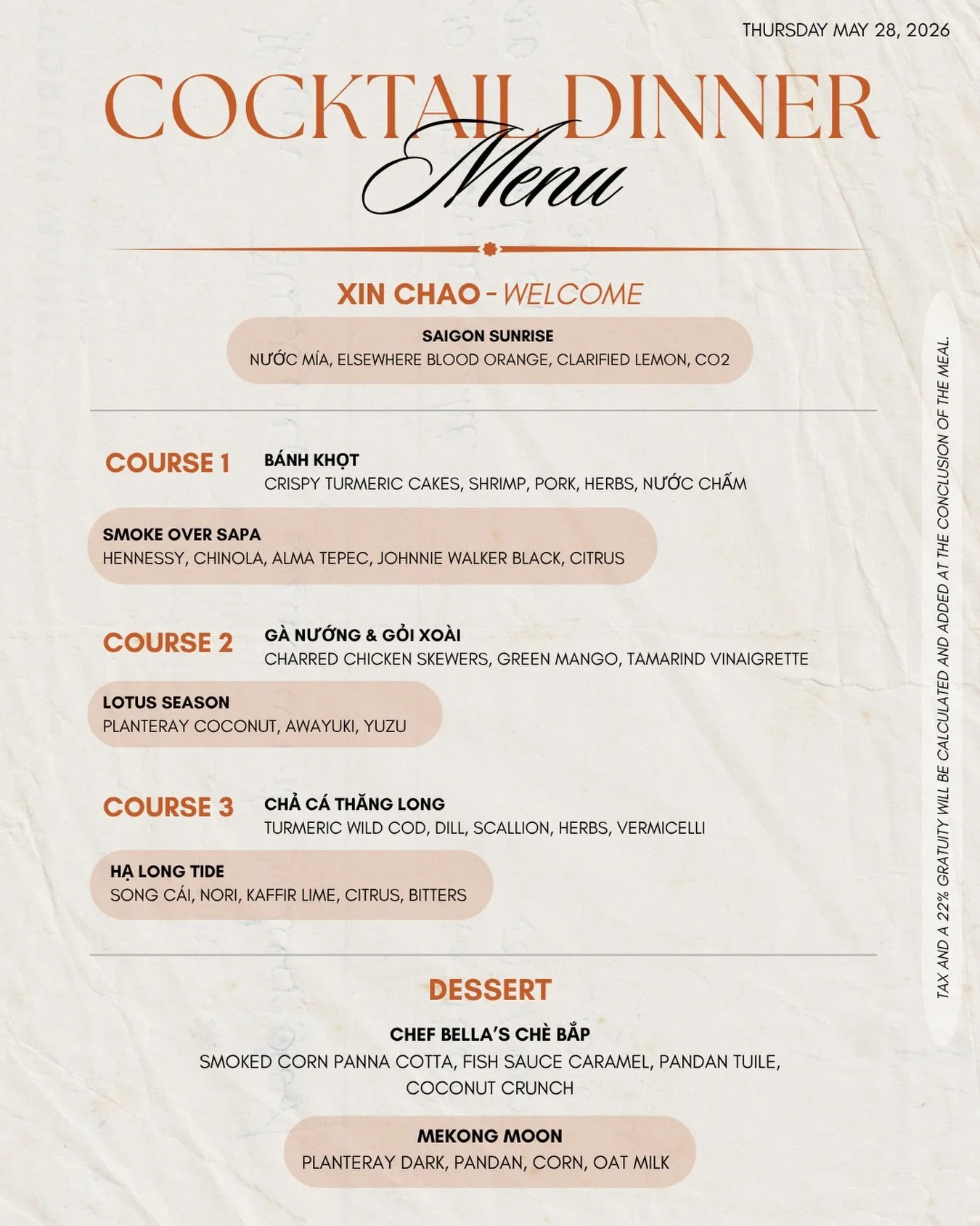 We&rsquo;re so excited to finally share the menu for our very first Cocktail Dinner at Bao Toan Kitchen &amp; Bar 🍸

This experience was created to highlight Tony Nguyen&rsquo;s cocktail program through a curated multi-course pairing menu inspired b