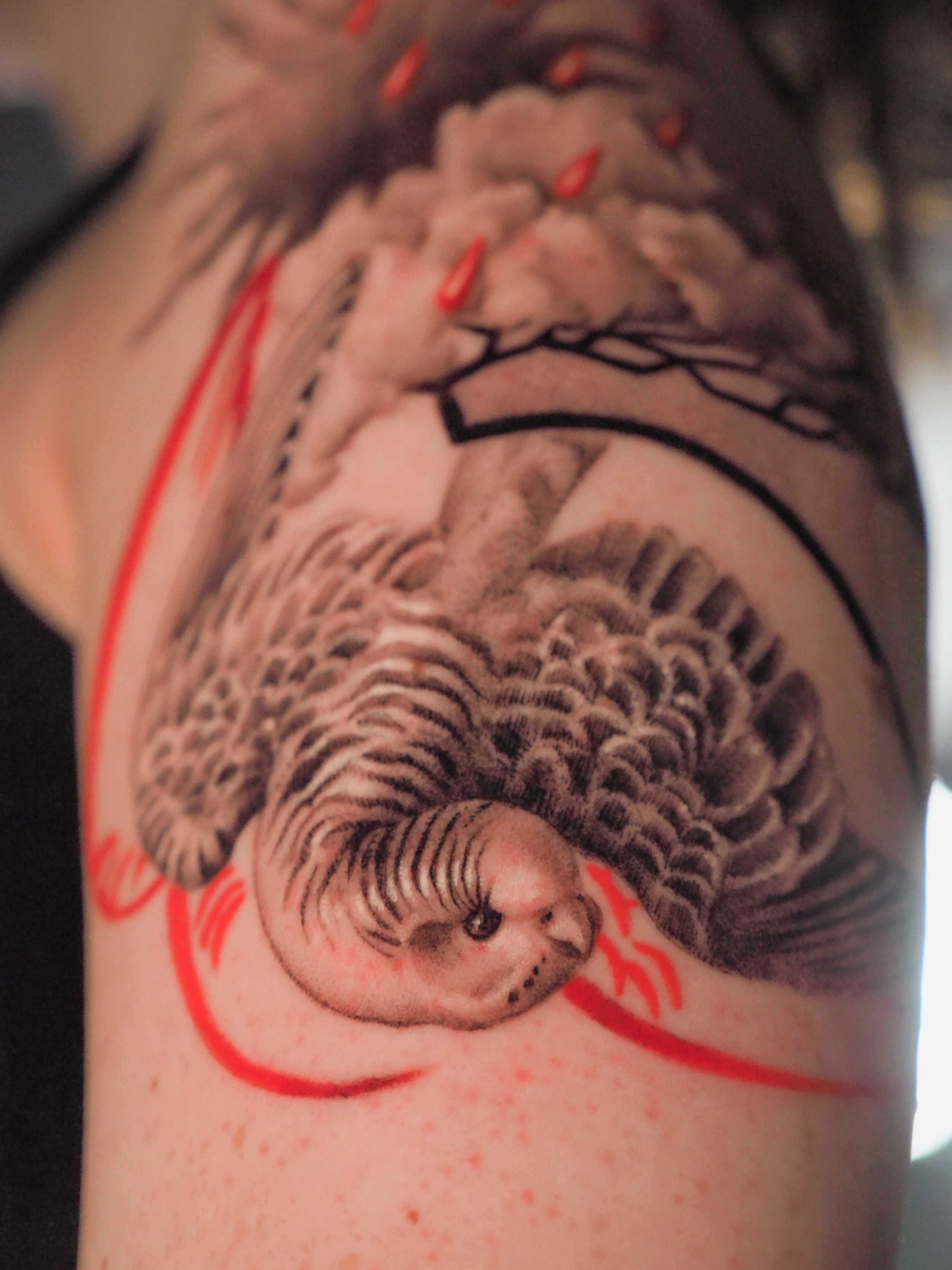 Tattoo sleeve featuring an eye, skulls, a face, and abstract designs in black and orange ink.