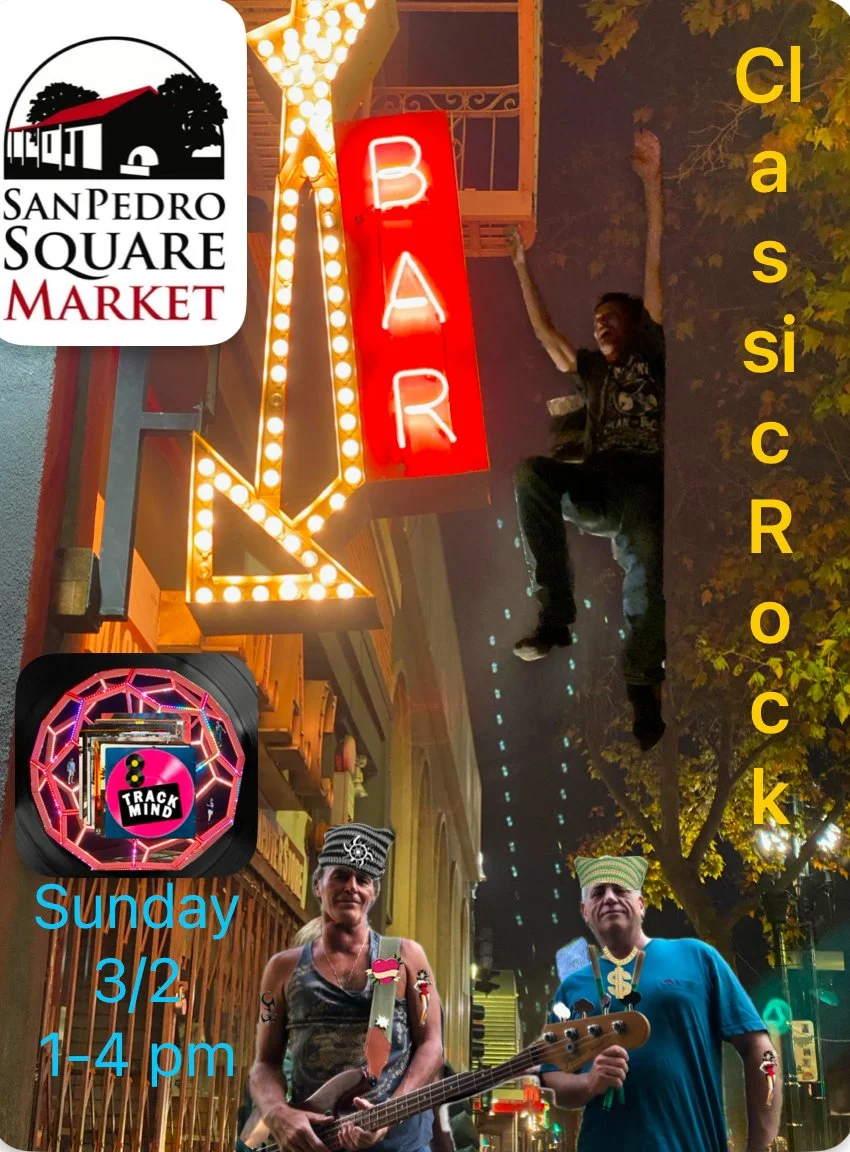 Nighttime street scene in front of a bar with a neon sign. A man is sitting on a branch of a tree, holding onto a railing overhead. Two women are standing in front, one holding a guitar, and the other holding a ukulele. There is a square logo for San