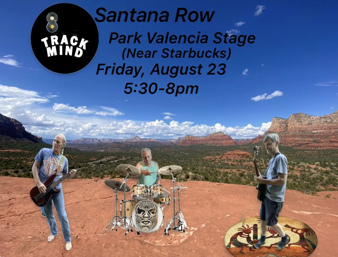 The image shows three men playing musical instruments in a desert landscape with red rocks and blue sky with clouds. Text overlays announce a concert on August 23 from 5:30-8 pm at Park Valencia Stage near Starbucks, featuring Santana Row and Track M