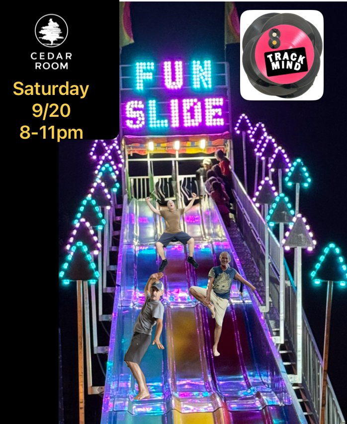 Four people enjoying a colorful fun slide at a fair or carnival at night, illuminated by bright neon lights, with a sign that reads 'FUN SLIDE' and a small image of a pink and black TrackMIND speaker in the top right corner, and an event info box on 