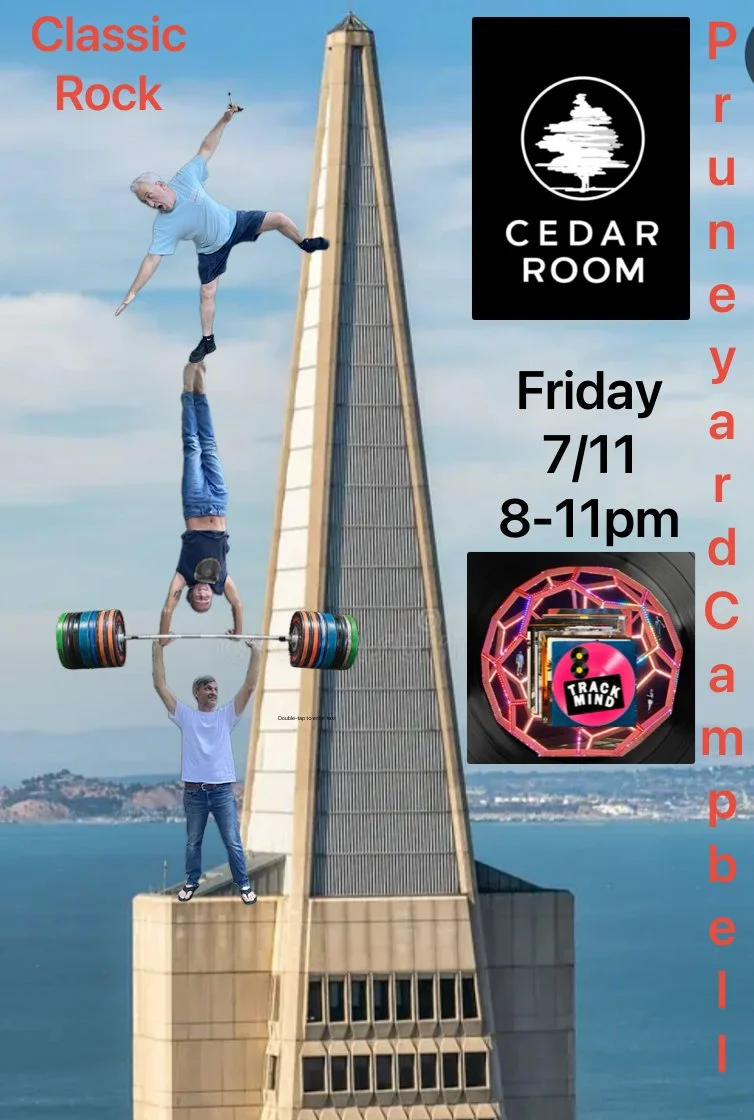 A digitally manipulated promotional poster featuring a building with a sky background, showing three men balancing and lifting objects. One man is upside down holding a barbell, another man is standing on the building holding a barbell, and the third