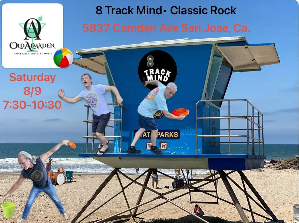 A colorful beach scene with a blue lifeguard tower, three people holding frisbees, and a sandy beach with people in the background. Overlaid text advertises an event at OldaMaden, 8 Track Mind, in San Jose, California, on Saturday, August 9, from 7:3