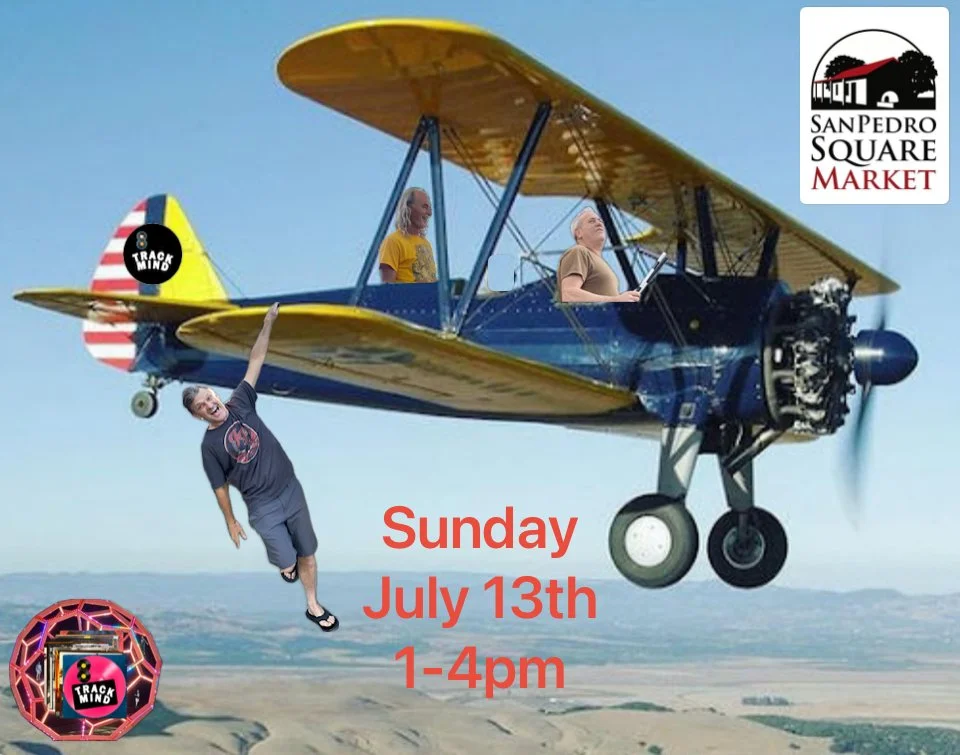 A small propeller airplane flying in the sky with three children around it, one hanging from the plane's wing. The background shows a landscape of fields and hills. The image includes event details for San Pedro Square Market on Sunday, July 13th, fr