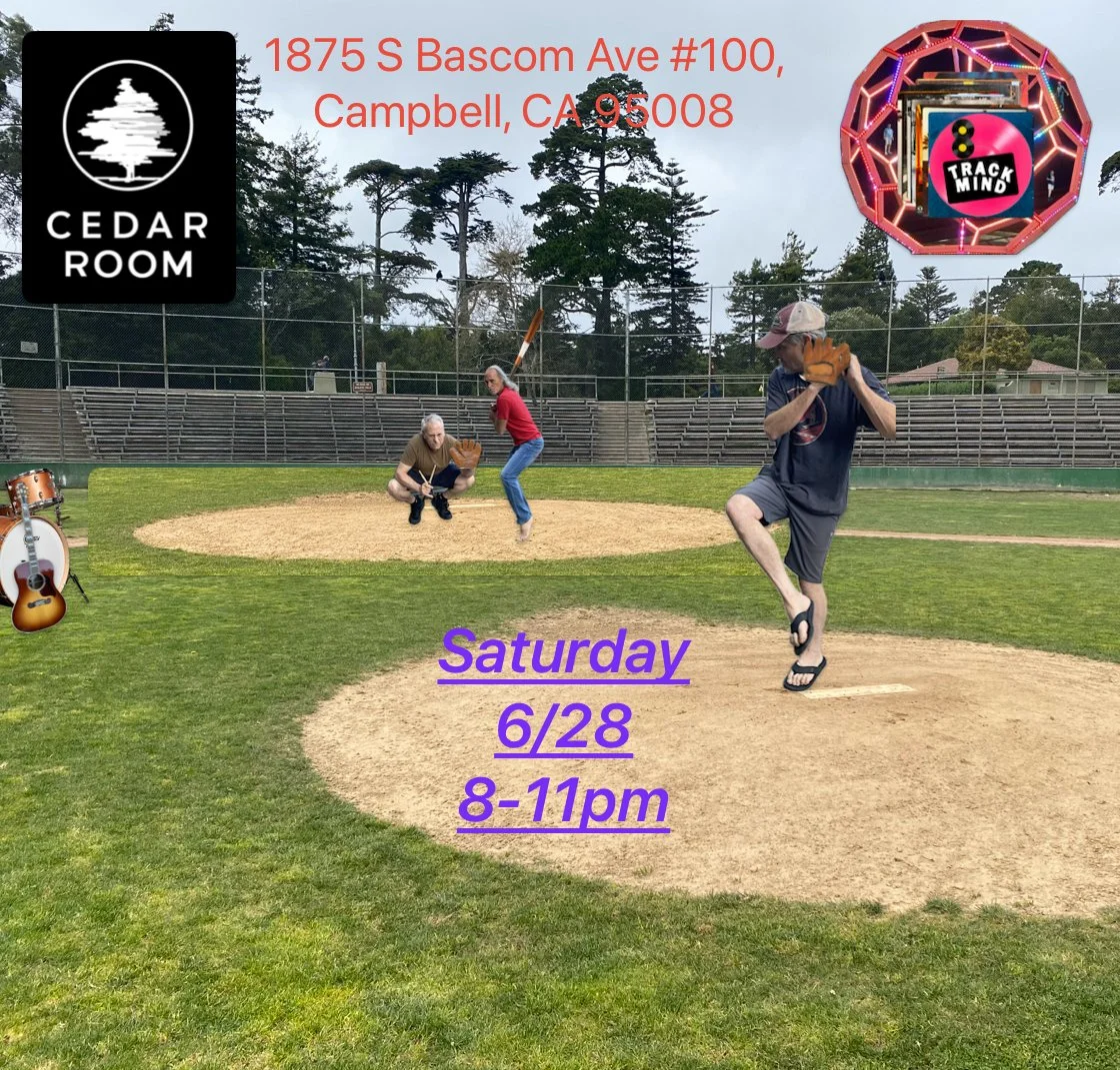 People playing baseball on a field with musical instruments and decorations around, overcast sky, with location and event details in text.