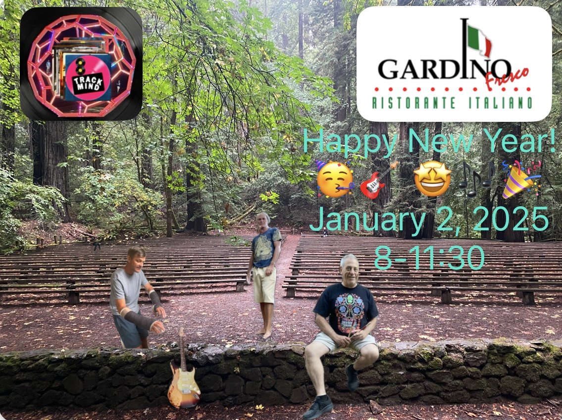 Group of three men in a forest with the words "Happy New Year! January 2, 2025, 8-11:30" overlaid. Two of the men are sitting on a low stone wall, one standing, all three are smiling. An electric guitar is leaning against the wall. A logo for Ristora