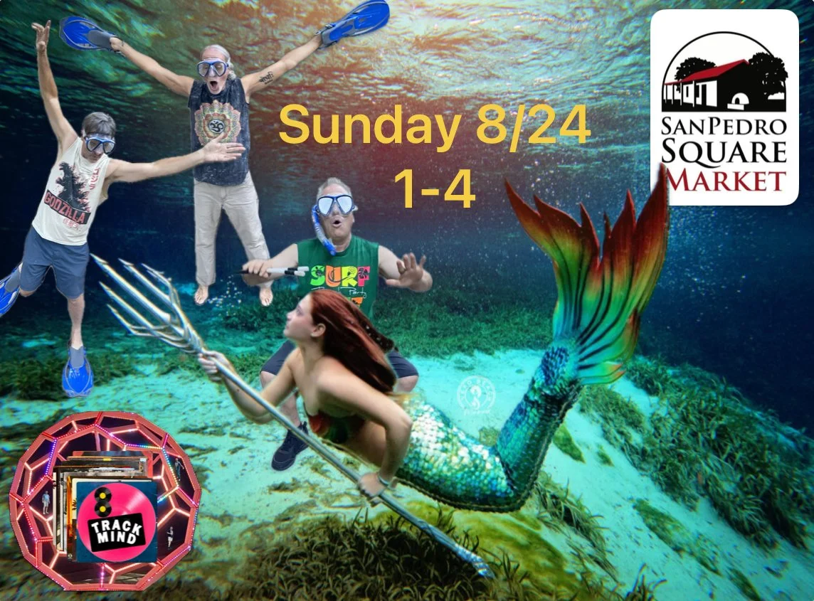 An underwater scene with four people in snorkeling gear, a mermaid with a colorful tail holding a trident, and a computer monitor displaying a DJ turntable. The scene advertises an event at San Pedro Square Market on Sunday, August 24, from 1 to 4 PM