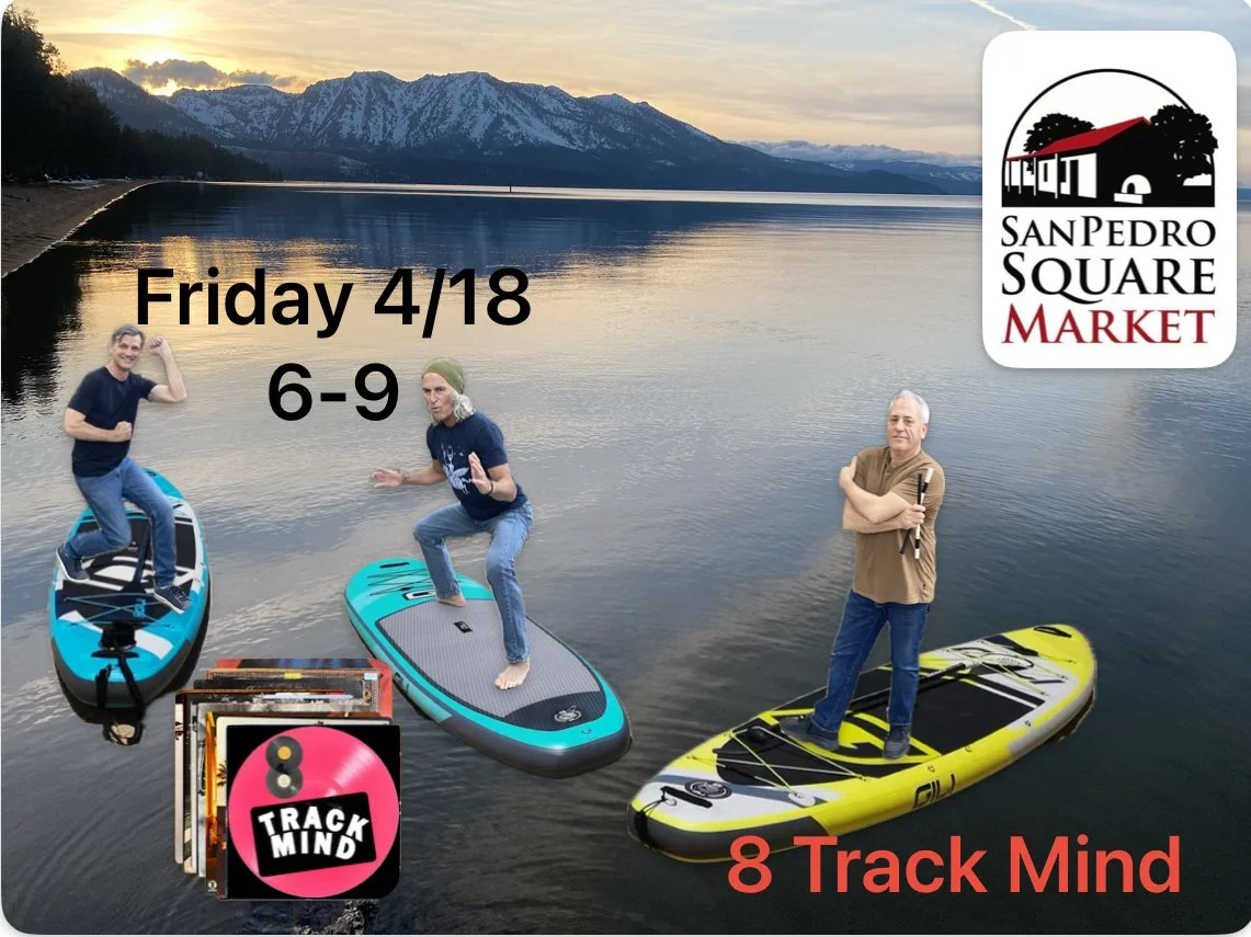 Promotional flyer for San Pedro Square Market with a background of a lake, mountains, and sunset. Three people on paddleboards on the water, two men and one woman. Text details event on Friday 4/18 from 6-9. The flyer includes logos for San Pedro Squ