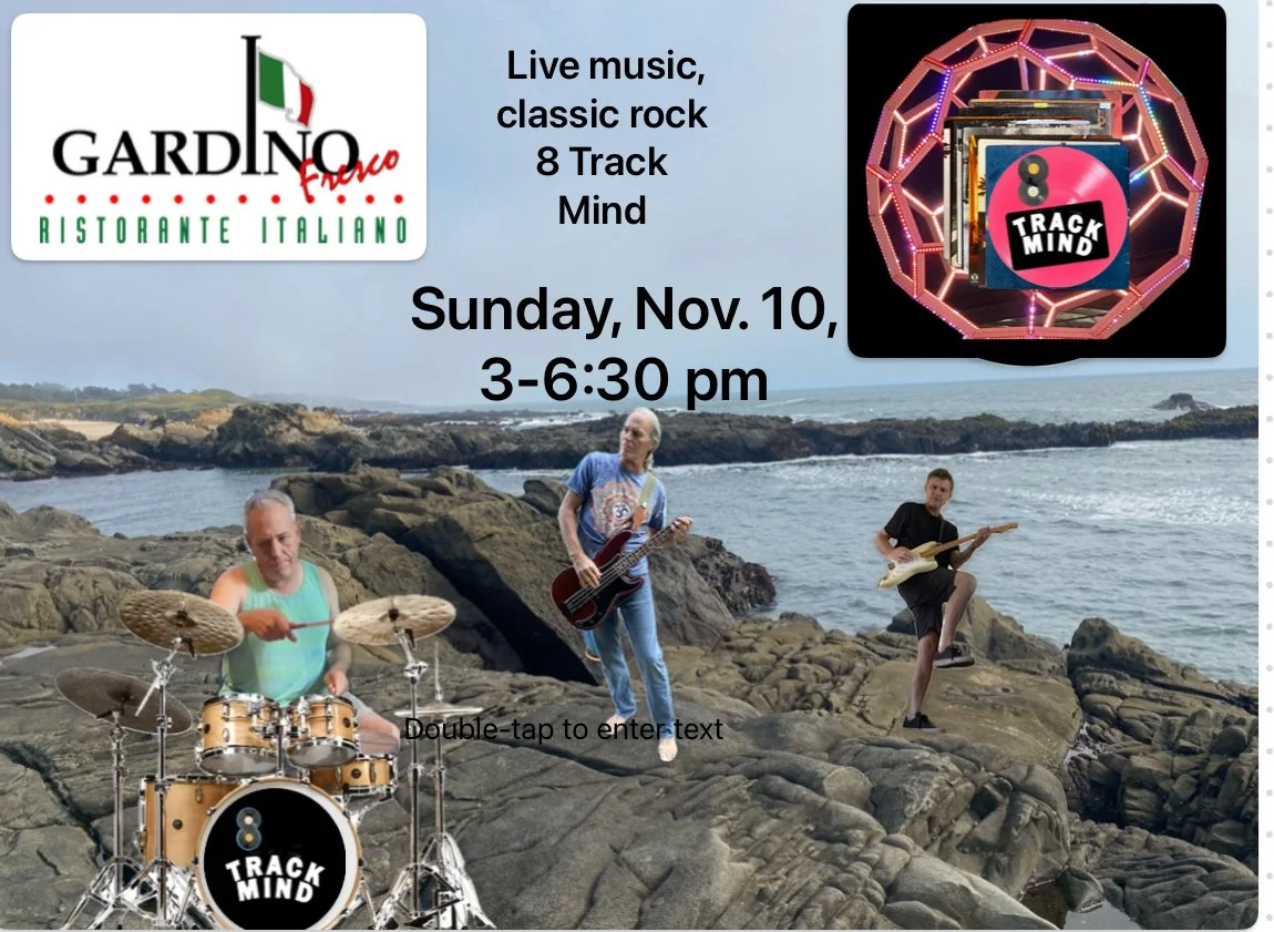 Poster advertising live music and classic rock event at GARDINO Ristorante Italiano on Sunday, Nov. 10, from 3 to 6:30 pm, featuring a band called Track Mind. The background includes a rocky coastline with three musicians playing instruments, a drum 