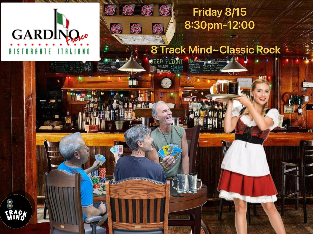 A pub scene with four people playing cards at a table, a smiling waitress carrying drinks, and a bar in the background with bottles and a chalkboard menu, decorated with colorful string lights. An event advertisement is overlaid on the top right.