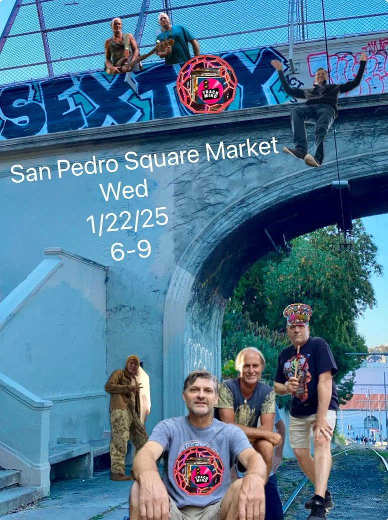 A group of six people, five men and one woman, gathered under and on a bridge adorned with graffiti in San Pedro Square Market. Two individuals are standing on top of the bridge, one holding a guitar. One person is hanging from the side of the bridge
