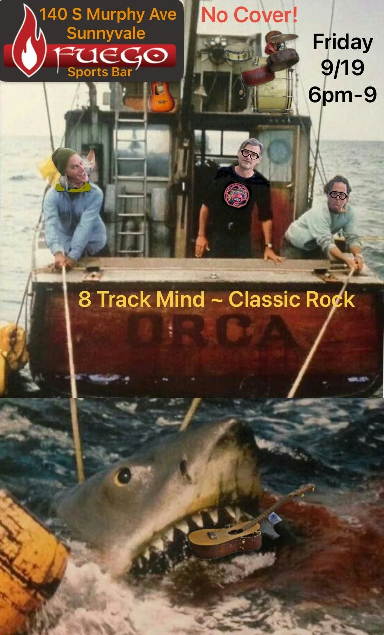 A humorous digital collage featuring a boat with three people, some musical instruments, and a shark with a guitar in its mouth. The text announces a music event at Fuego Sports Bar in Sunnyvale, with details about the date, time, and music genre.