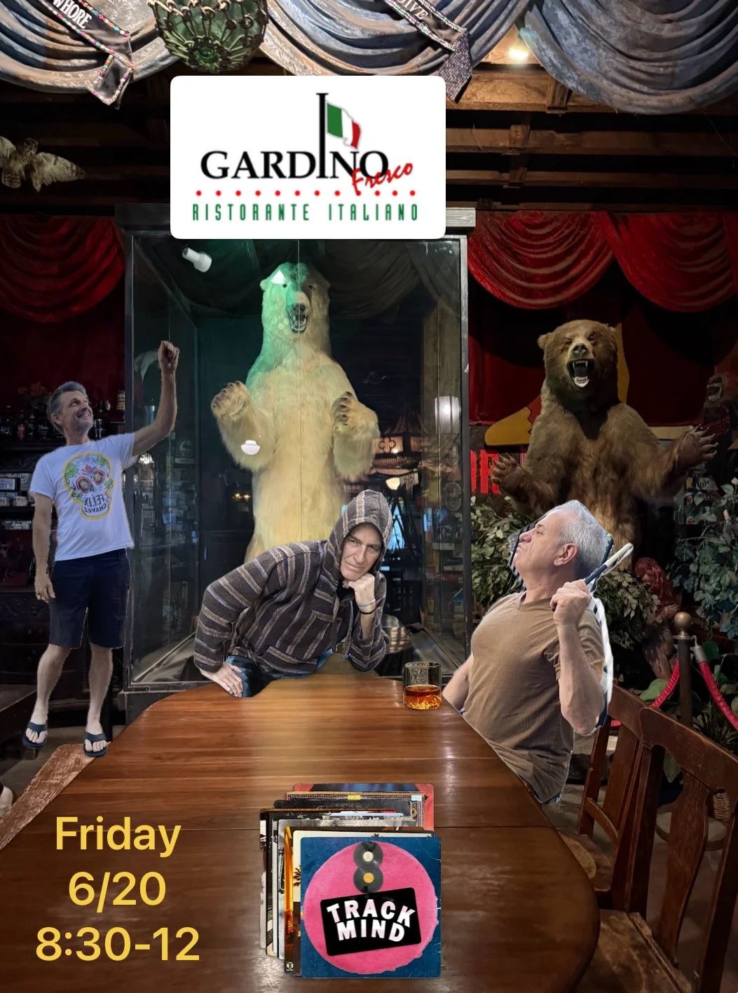 People sitting at a table inside a restaurant, with a glass display case containing a large bear behind them. Two bears are in the background: one inside the display case and one standing outside. The woman on the left appears pensive, while the man 