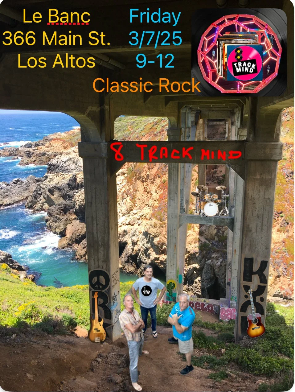 Three men posing under a large concrete bridge with ocean views behind them. The bridge is decorated with spray paint graffiti and stickers, including guitars and a cactus. There is a drum set hanging from the bridge and text overlay advertising a cl