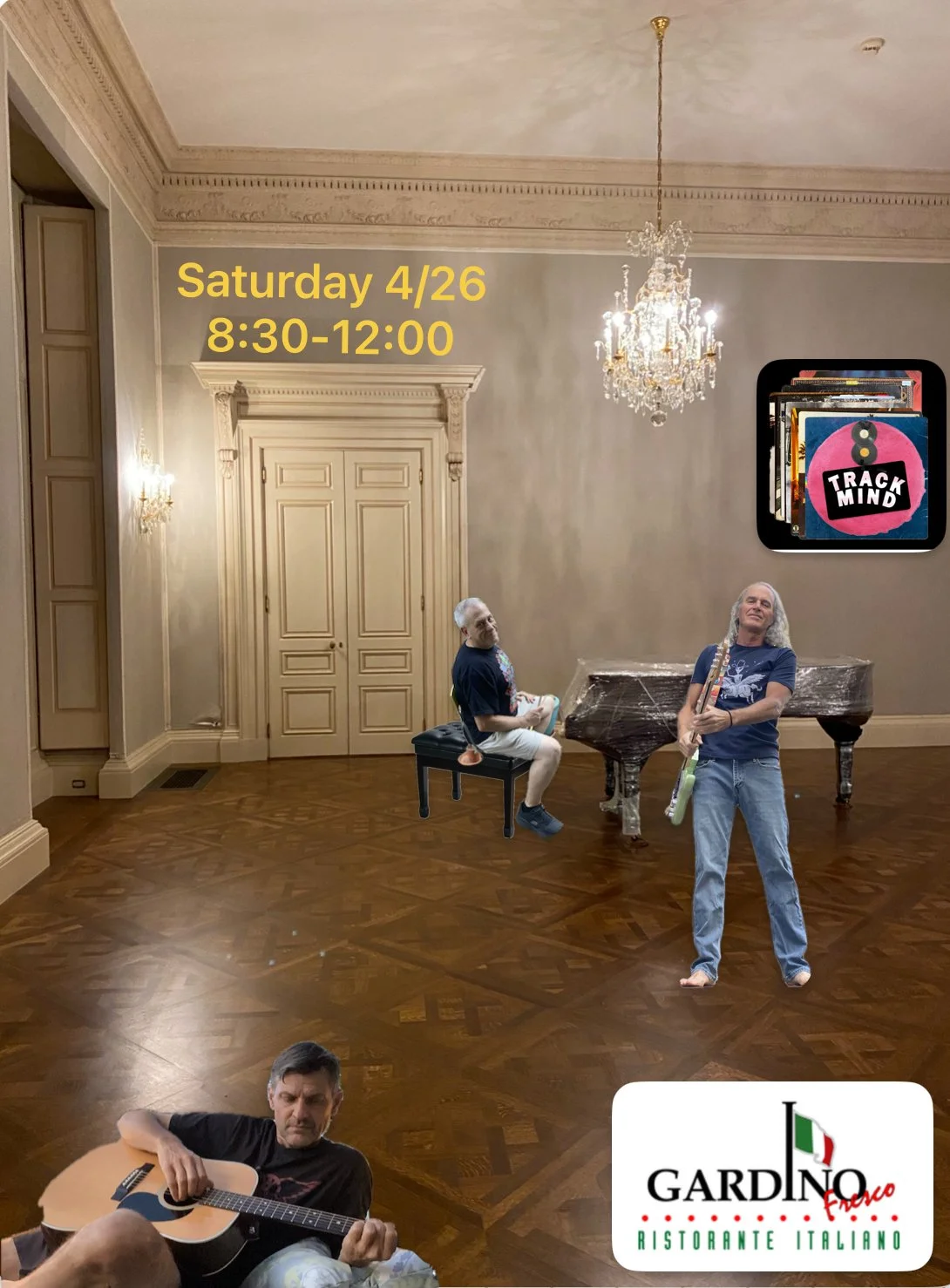 An edited photo of a formal, ornate room with a grand chandelier, a closed double door, and a polished wooden floor. There are four men with musical instruments: one playing guitar on the floor, two sitting in the background, and one standing with a 