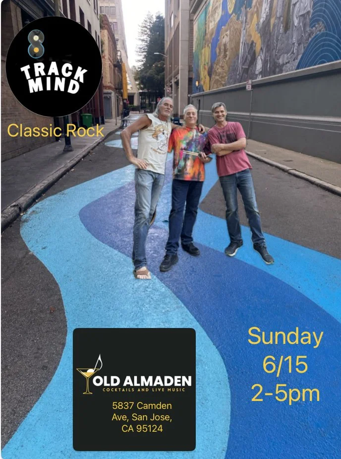 Promotional poster for a music event featuring classic rock at Old Almaden in San Jose, California, on Sunday, June 15, from 2 to 5 pm. The background shows three people standing on a painted street with colorful murals on buildings.