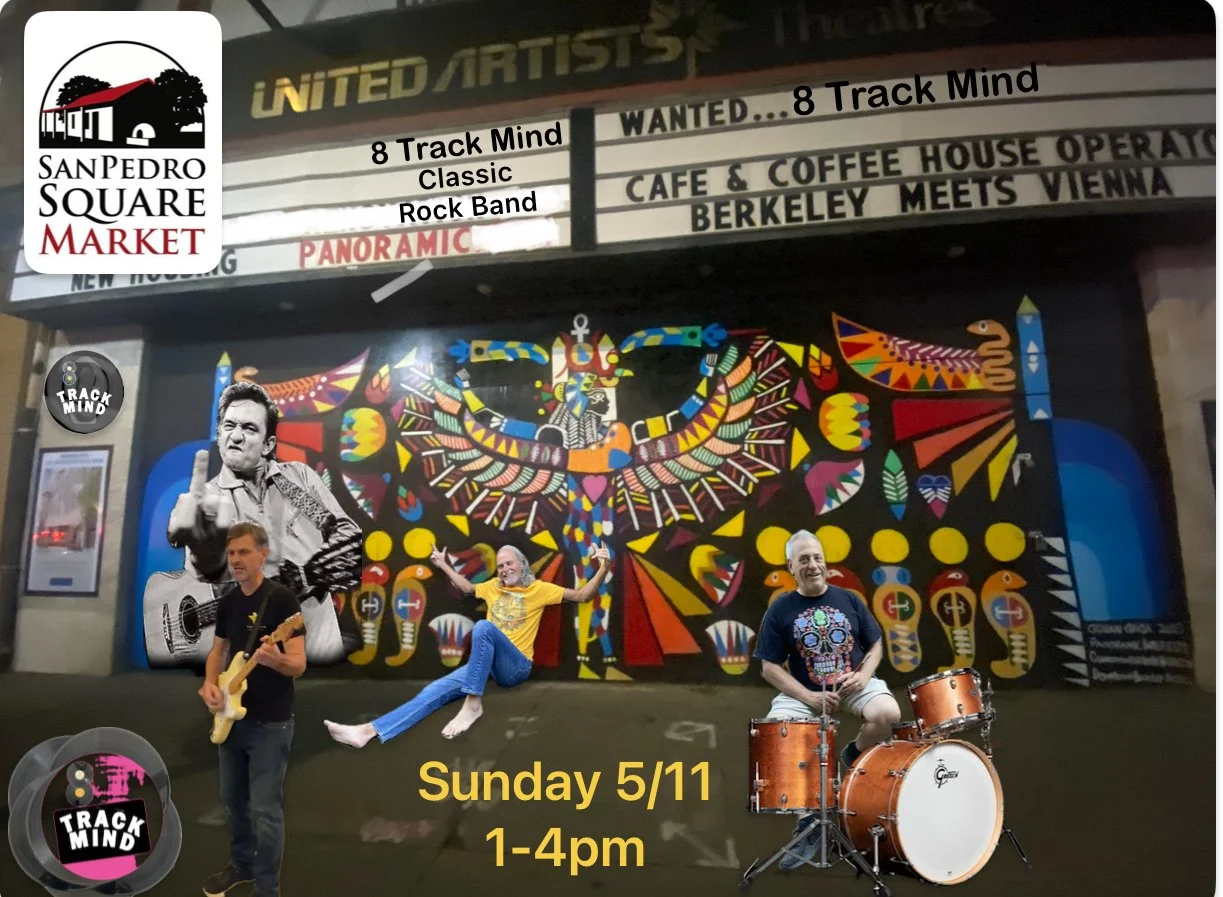 A promotional poster for a live music event at San Pedro Square Market featuring the band 8 Track Mind. The poster shows a colorful mural of a bird, a man with a guitar, a woman jumping, and a man playing drums. Text on the poster indicates the event