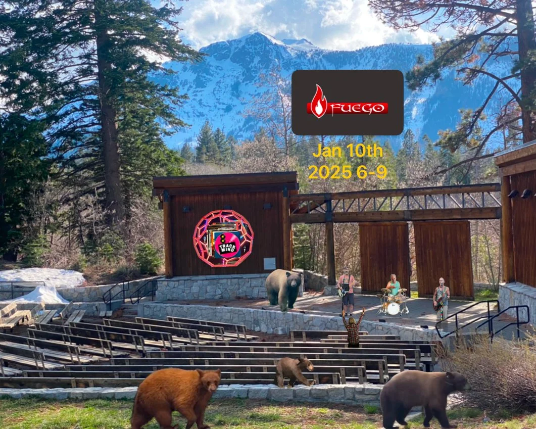 Outdoor stage with a band playing instruments, surrounded by trees and mountains in the background. There are bears and a person with raised hands in front of the stage. A sign reads 'Firego Jan 10th 2025 6-9'.