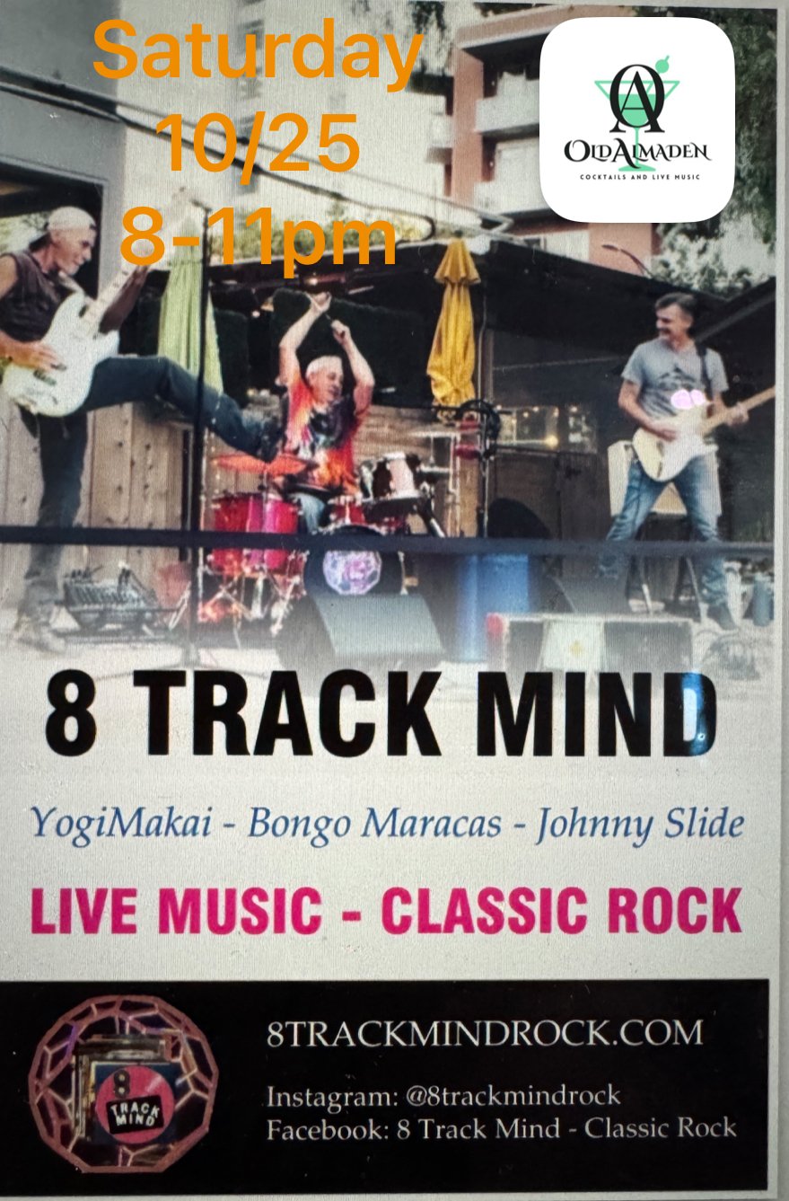 A promotional poster for a live music event featuring the band 8 Track Mind, performing at Old Alameda on Saturday, October 25th, from 8 to 11 pm. The poster shows three band members playing guitars and drums on an outdoor stage, with the event detai