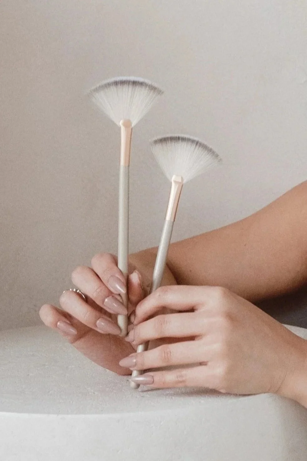 Hands holding two cleaning duster brushes with white handles and fan-shaped bristles.
